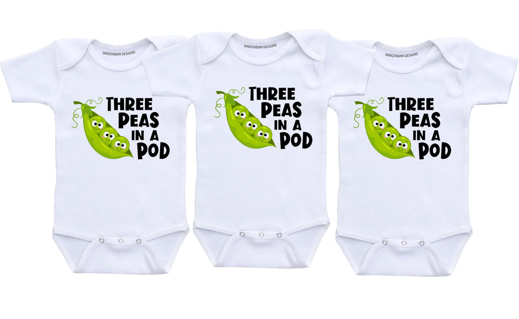Daiichiban Designs Triplet Baby Bodysuit Set – “Three Peas in a Pod” – Funny Matching Infant Outfits