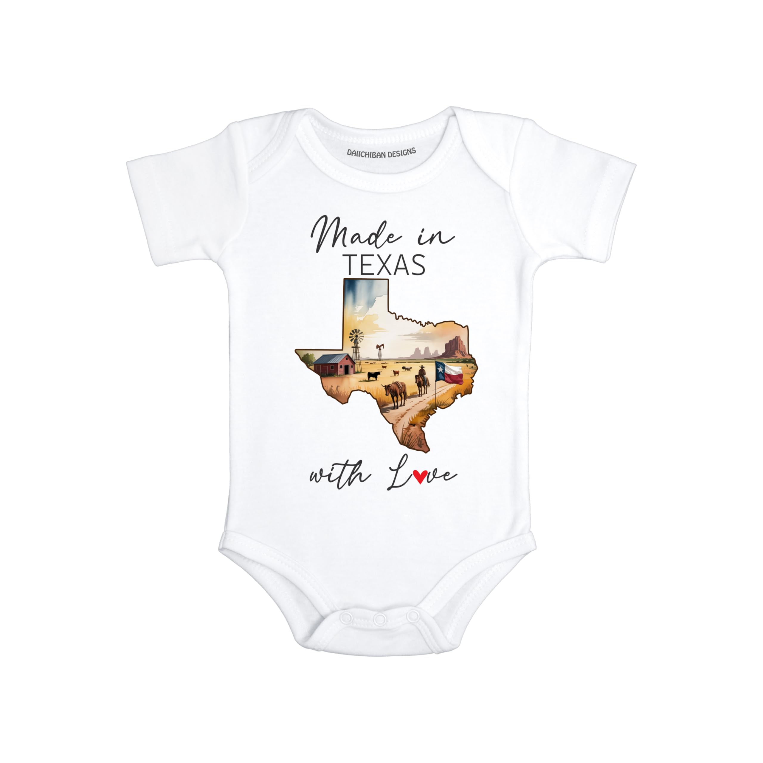 Daiichiban Designs Personalized Baby Bodysuit – “Made in Texas with Love” with Custom State Option