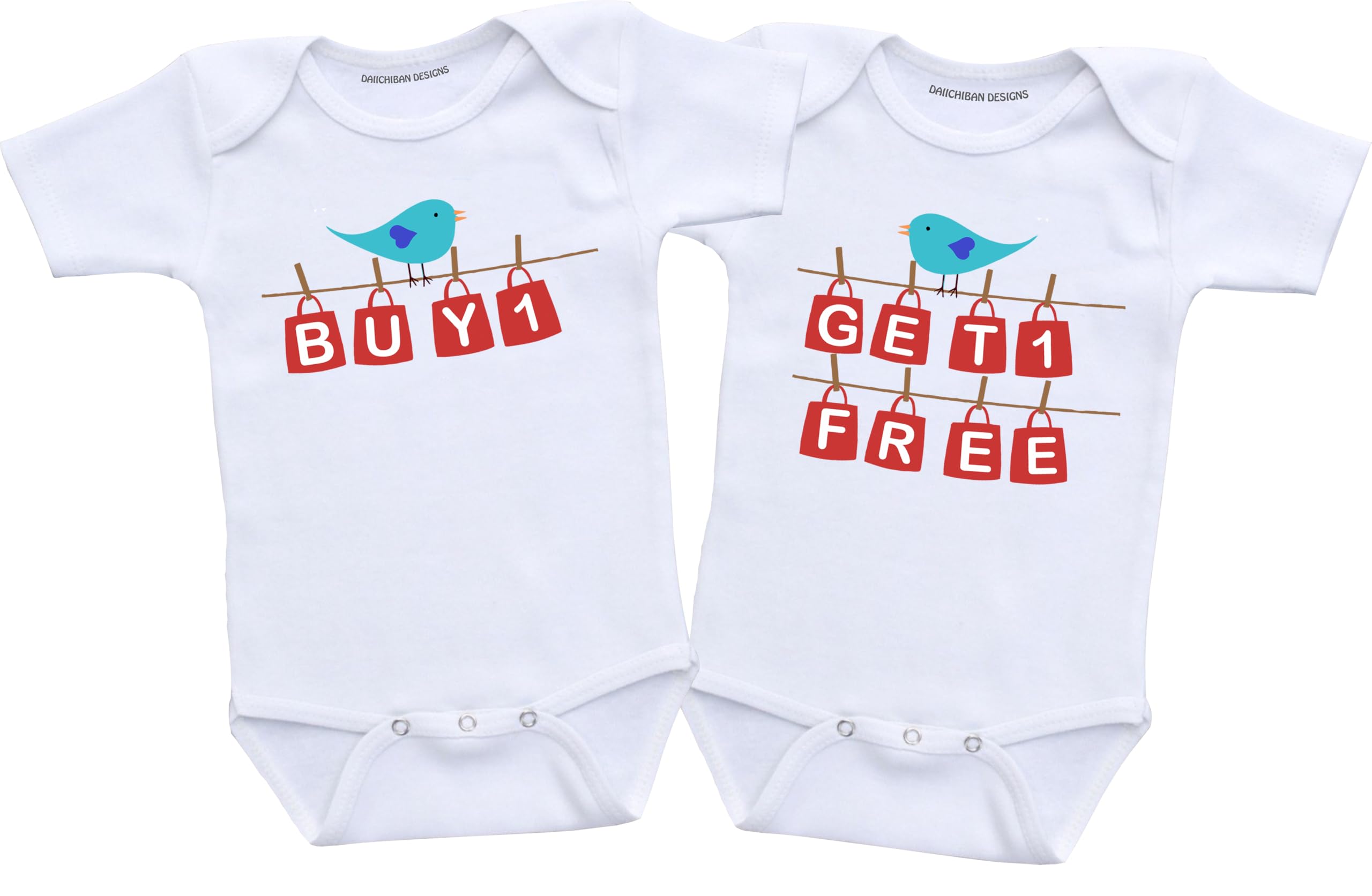 Daiichiban Designs Twin Baby Boy Bodysuit Set – “Buy One, Get One Free” – Funny Matching Infant Outfits for Boys