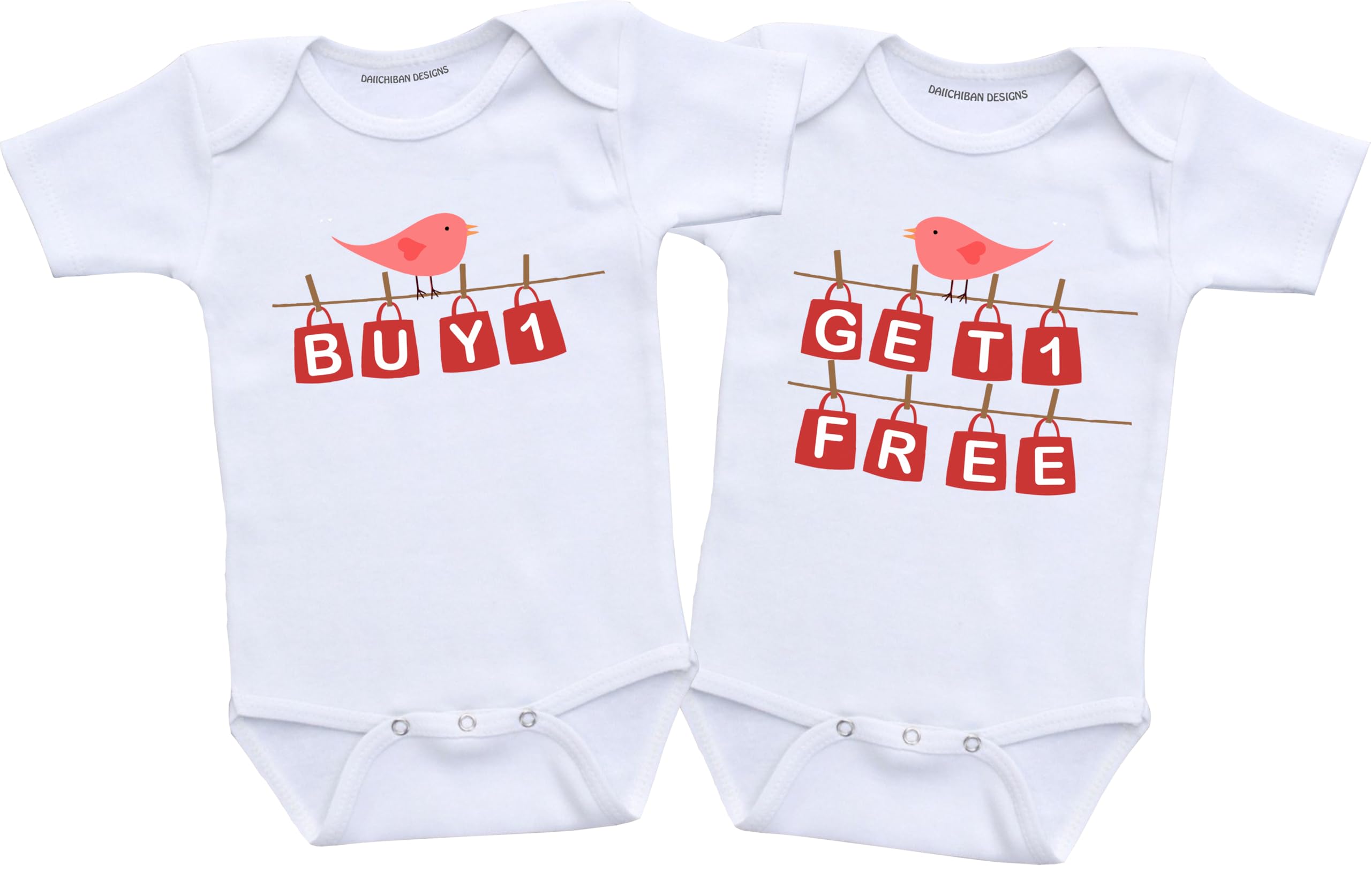 Daiichiban Designs Twin Baby Girl Bodysuit Set – “Buy One, Get One Free” – Funny Matching Infant Outfits for Girls