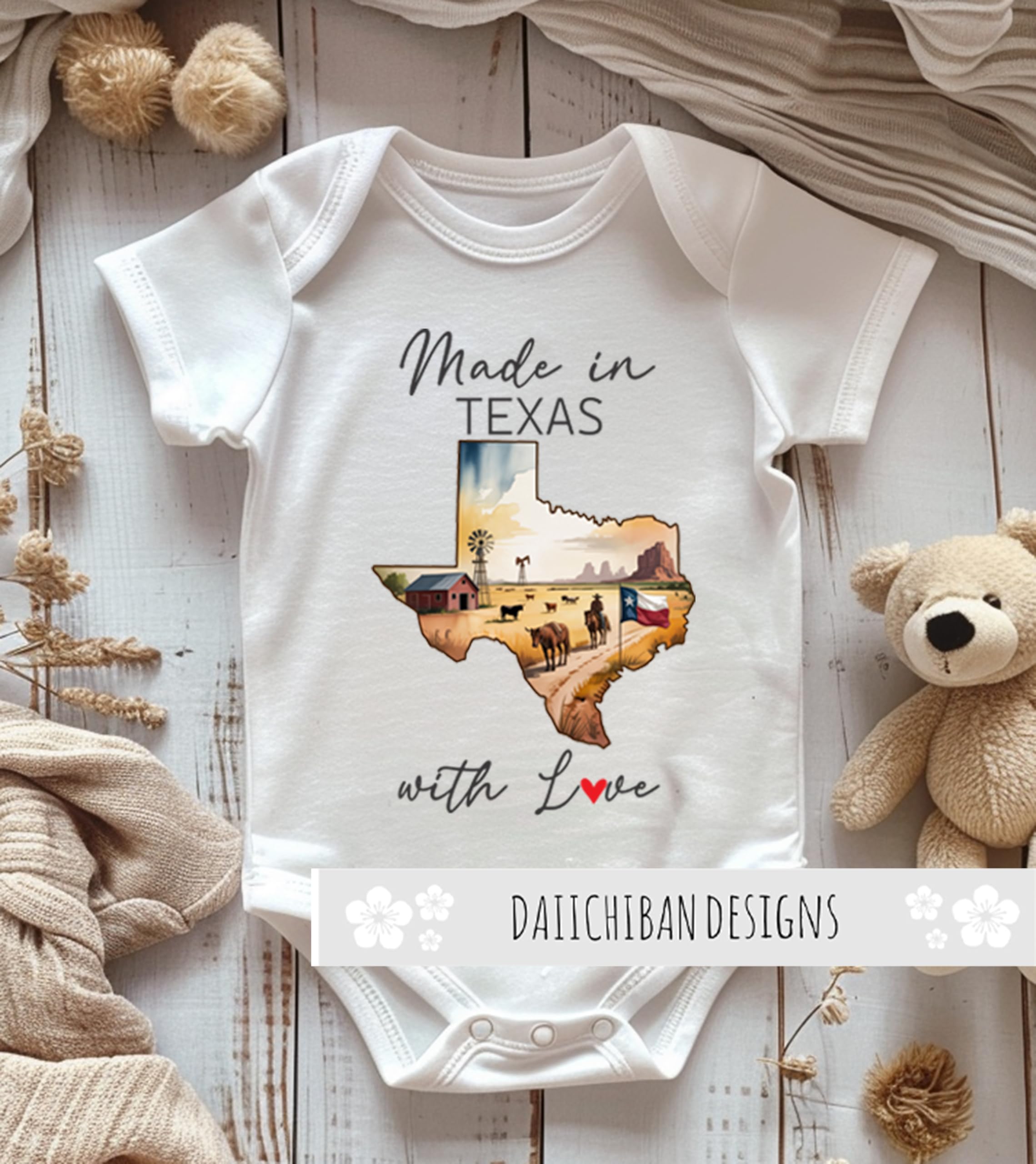 Daiichiban Designs Personalized Baby Bodysuit – “Made in Texas with Love” with Custom State Option