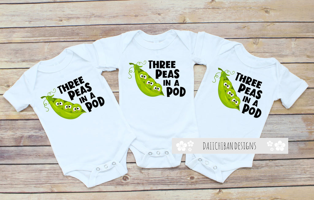 Daiichiban Designs Triplet Baby Bodysuit Set – “Three Peas in a Pod” – Funny Matching Infant Outfits