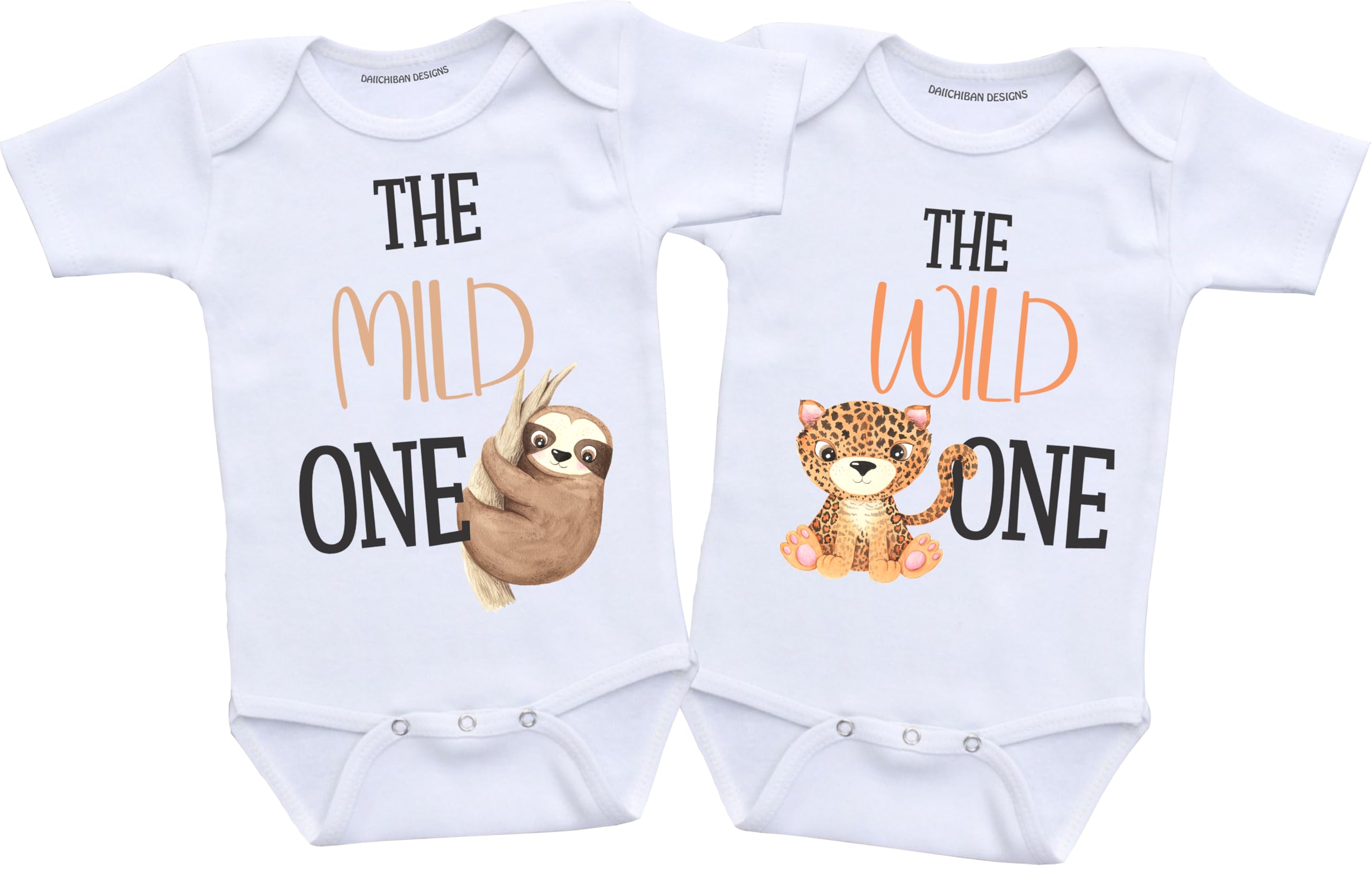 Daiichiban Designs Funny Twin Baby Bodysuit Set – “The Wild One & The Mild One” – Cute Matching Twin outfit