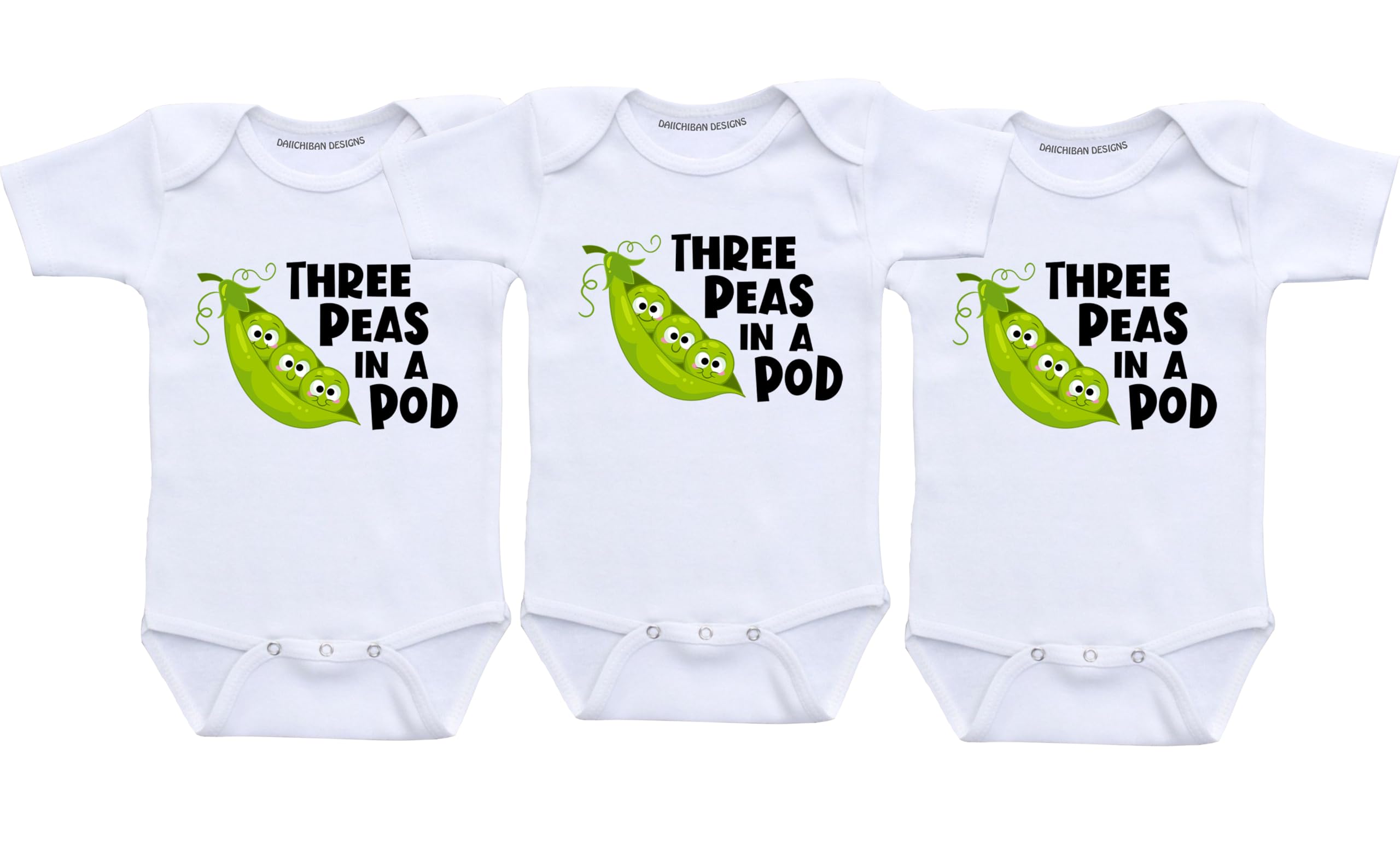 Daiichiban Designs Triplet Baby Bodysuit Set – “Three Peas in a Pod” – Funny Matching Infant Outfits