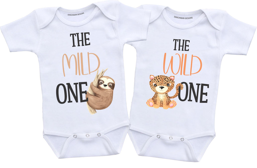 Daiichiban Designs Funny Twin Baby Bodysuit Set – “The Wild One & The Mild One” – Cute Matching Twin outfit