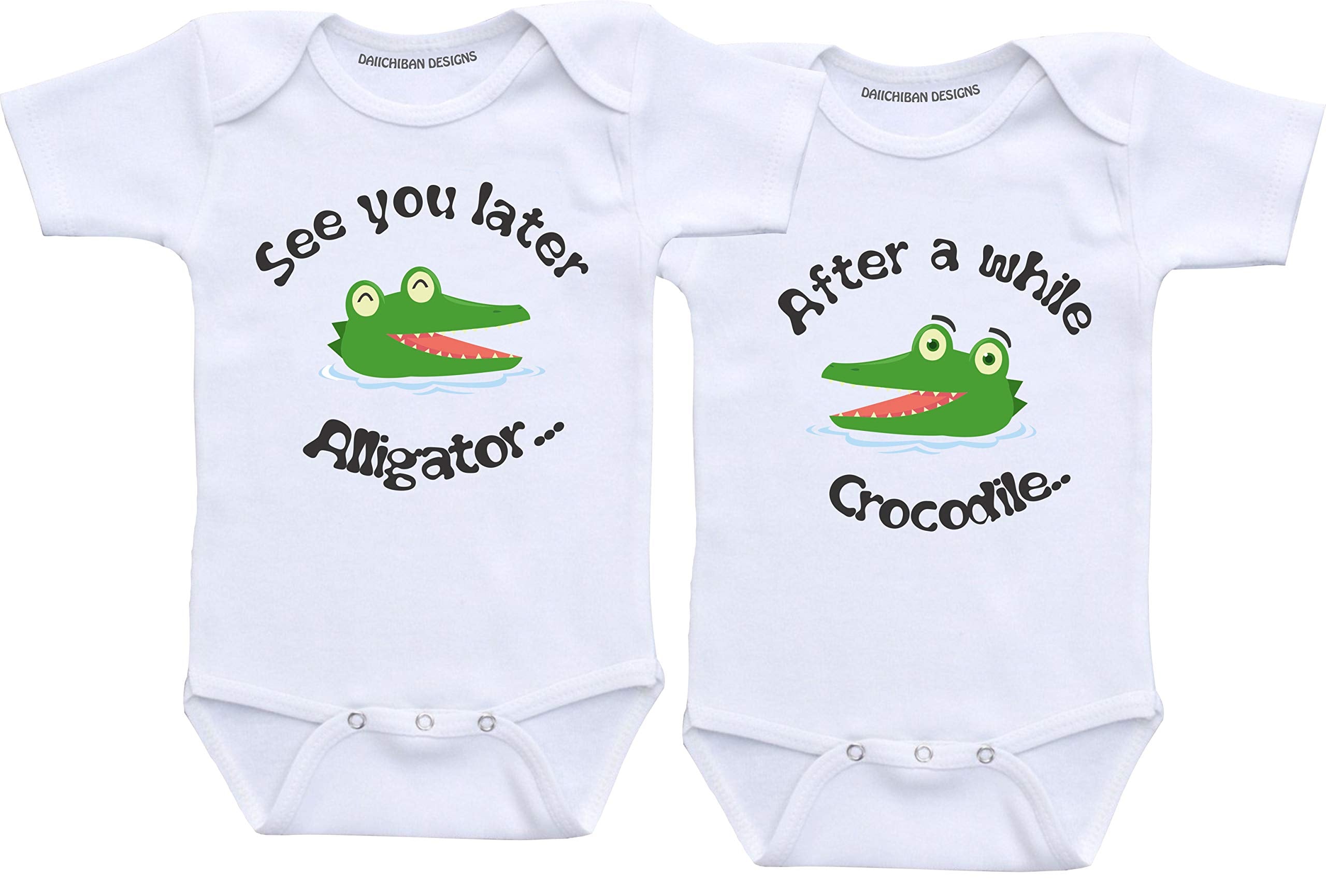 Daiichiban Designs Alligator crocodile twin baby clothes boy and girl matching outfit bodysuits