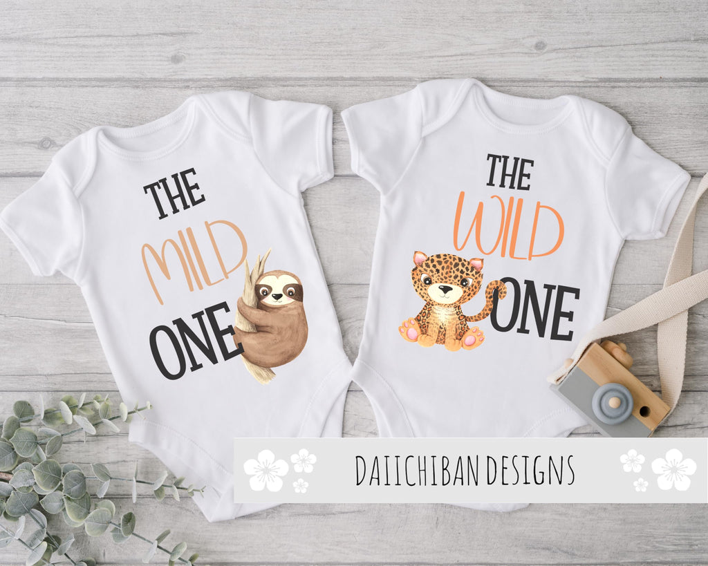 Daiichiban Designs Funny Twin Baby Bodysuit Set – “The Wild One & The Mild One” – Cute Matching Twin outfit