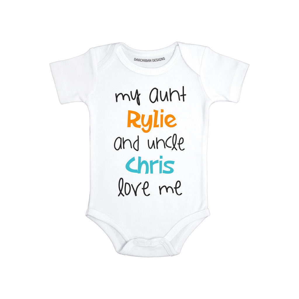Daiichiban Designs Personalized Baby Bodysuit – “My Aunt & Uncle Love Me” Custom Names