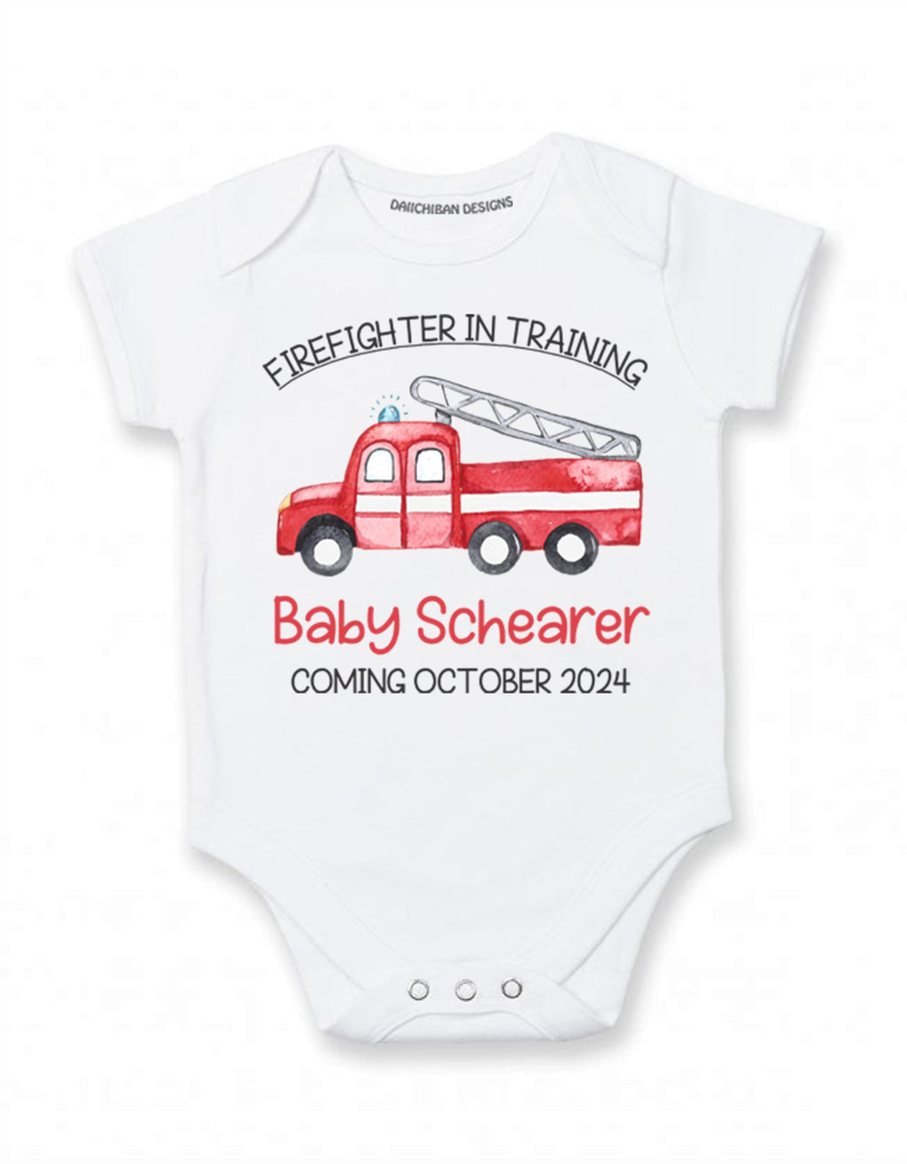 Daiichiban Designs Firefighter Pregnancy Announcement Baby Bodysuit – “Firefighter in Training” Custom Name & Date