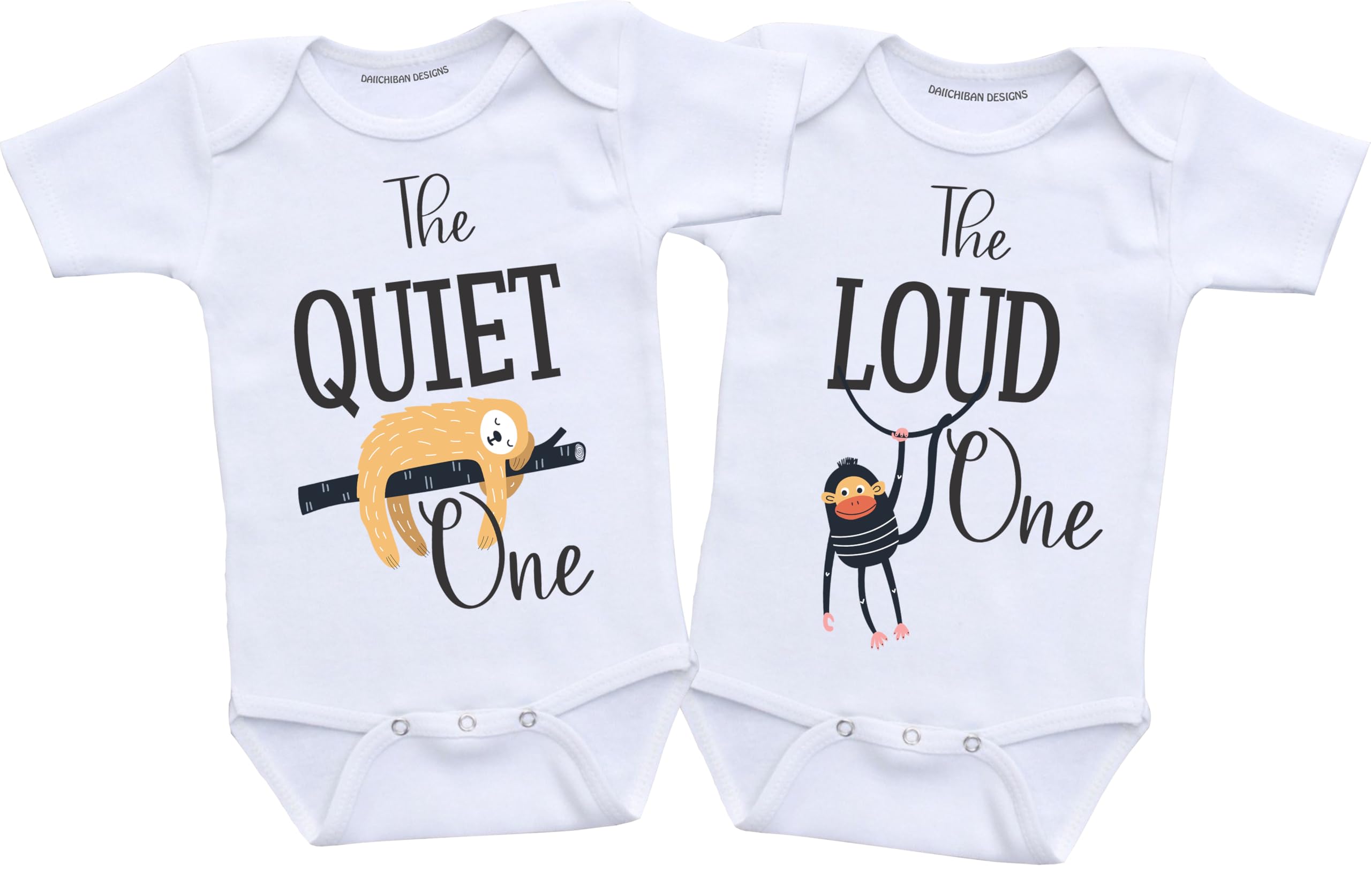 Daiichiban Designs Funny Twin Baby Bodysuit Set – “The Quiet One & The Loud One” Matching Twin Outfits