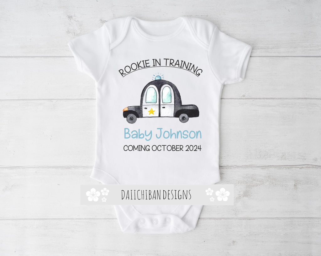 Daiichiban Designs Police Pregnancy Announcement Baby Bodysuit – “Rookie in Training” Custom Name & Date