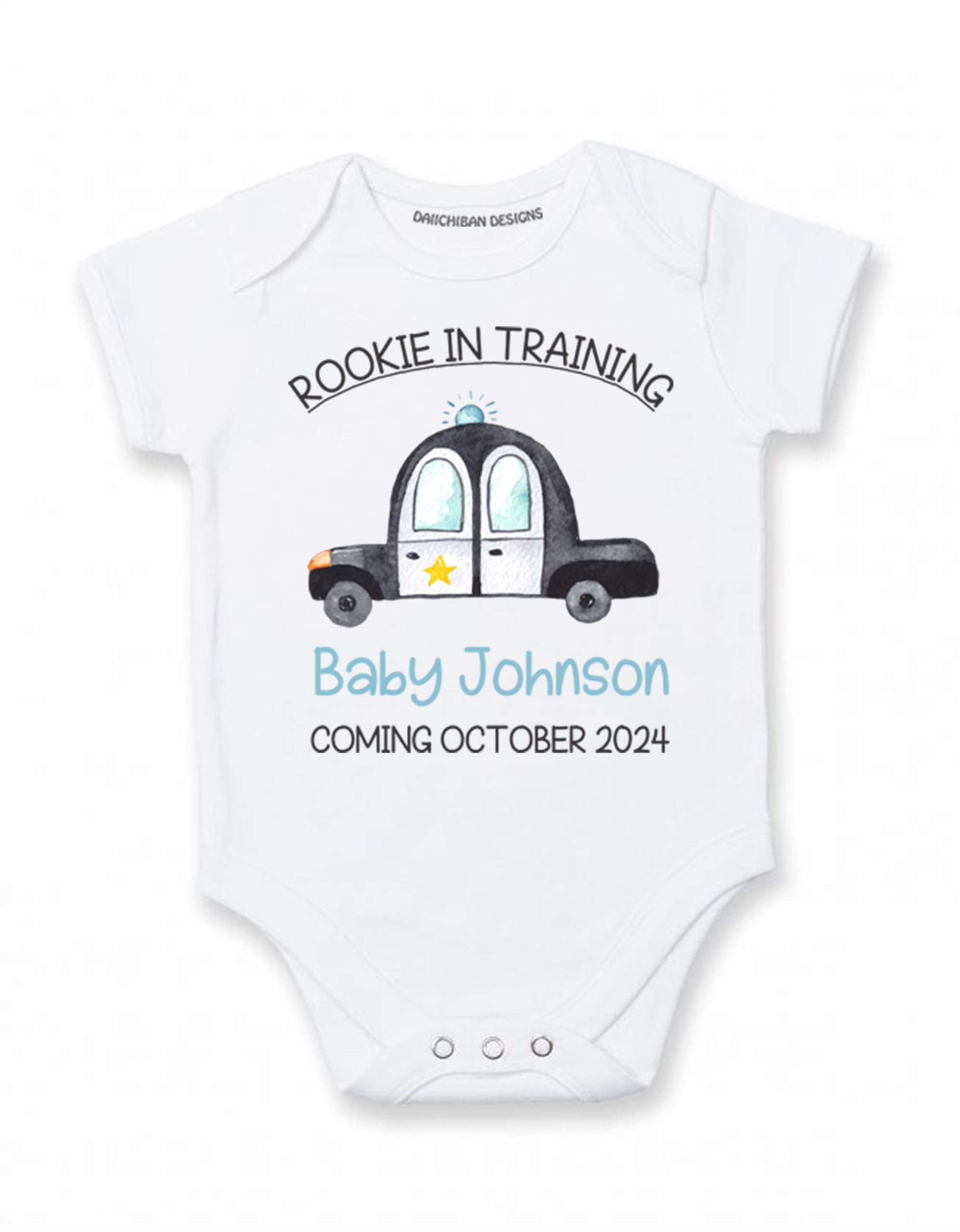 Daiichiban Designs Police Pregnancy Announcement Baby Bodysuit – “Rookie in Training” Custom Name & Date
