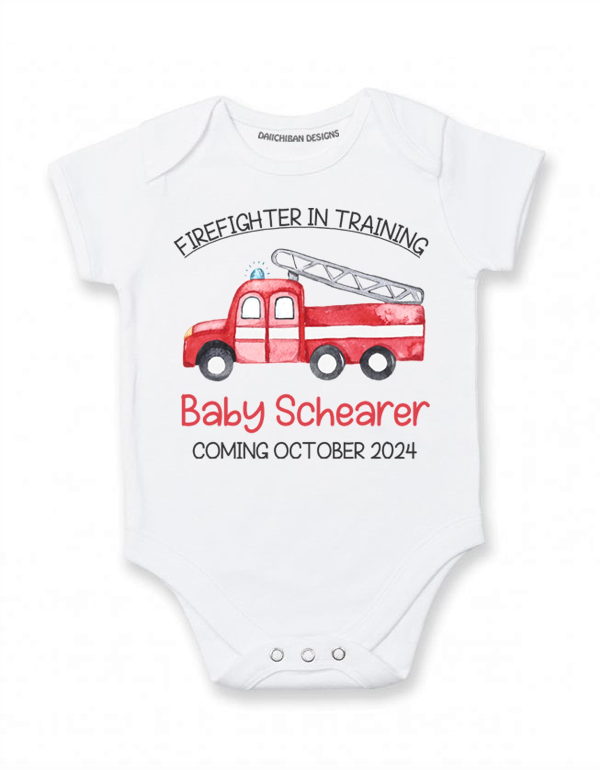 Daiichiban Designs Firefighter Pregnancy Announcement Baby Bodysuit – “Firefighter in Training” Custom Name & Date