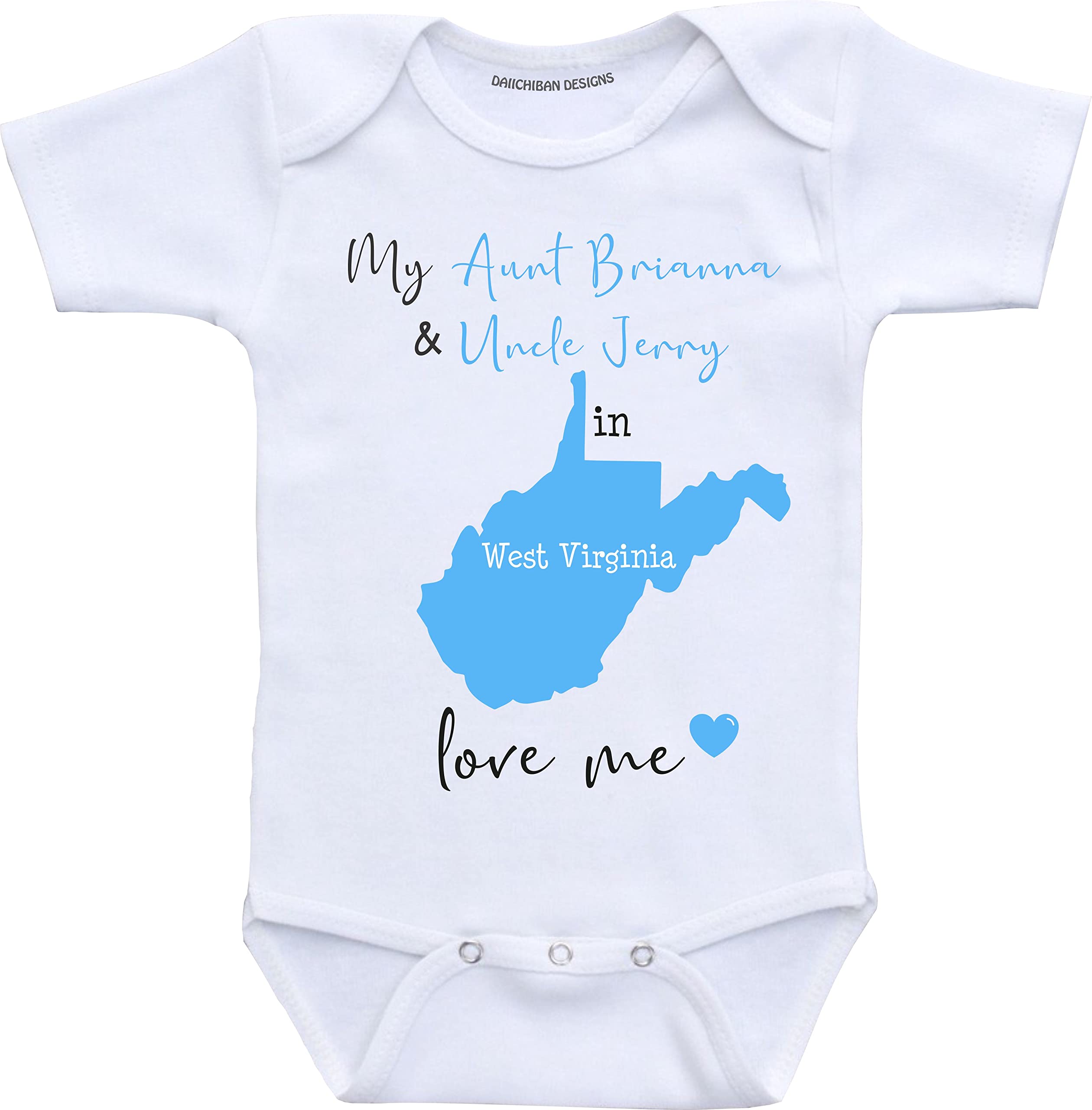 Daiichiban Designs Customizable Aunt and Uncle baby clothes West Virginia State baby gifts