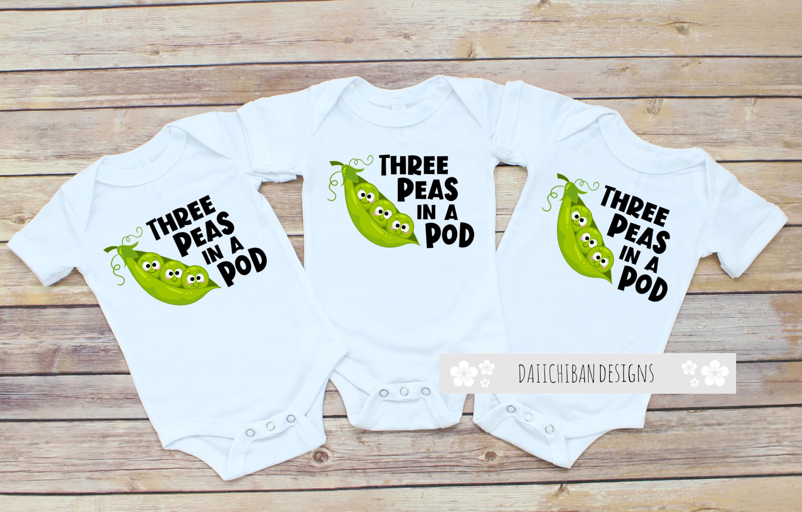 Daiichiban Designs Triplet Baby Bodysuit Set – “Three Peas in a Pod” – Funny Matching Infant Outfits