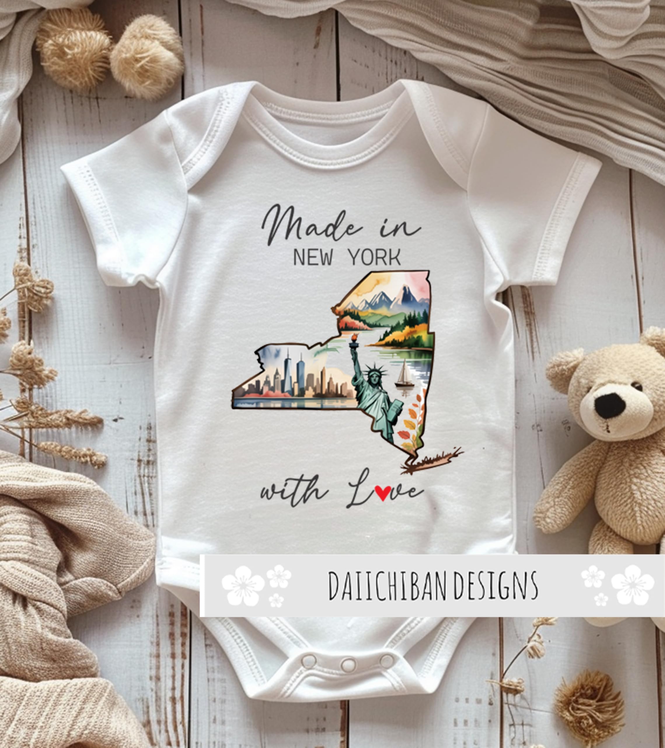 Daiichiban Designs Personalized Baby Bodysuit – “Made in New York with Love” with Custom State Option
