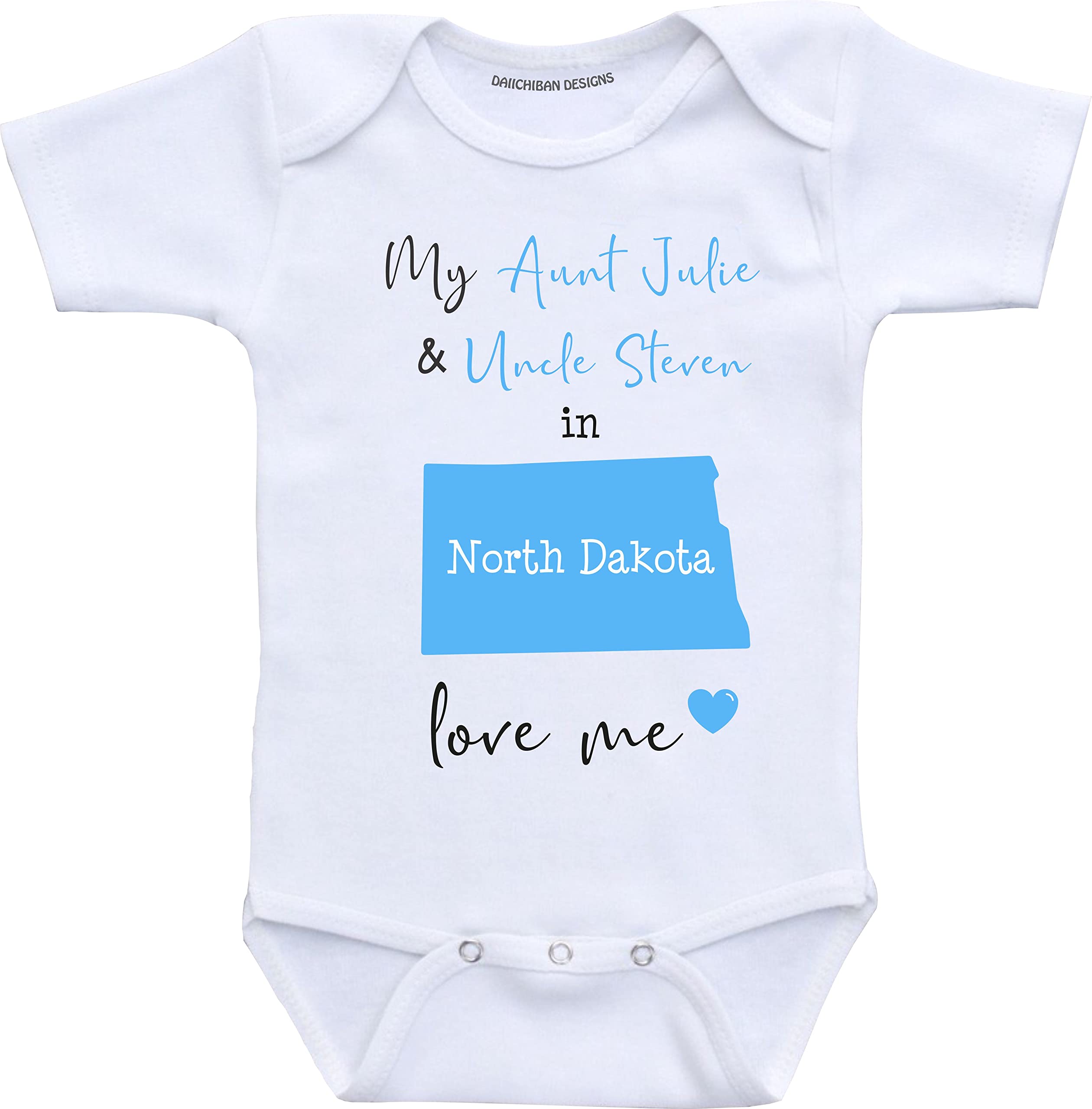 Daiichiban Designs Aunt and Uncle baby gifts Customizable North Dakota baby clothes