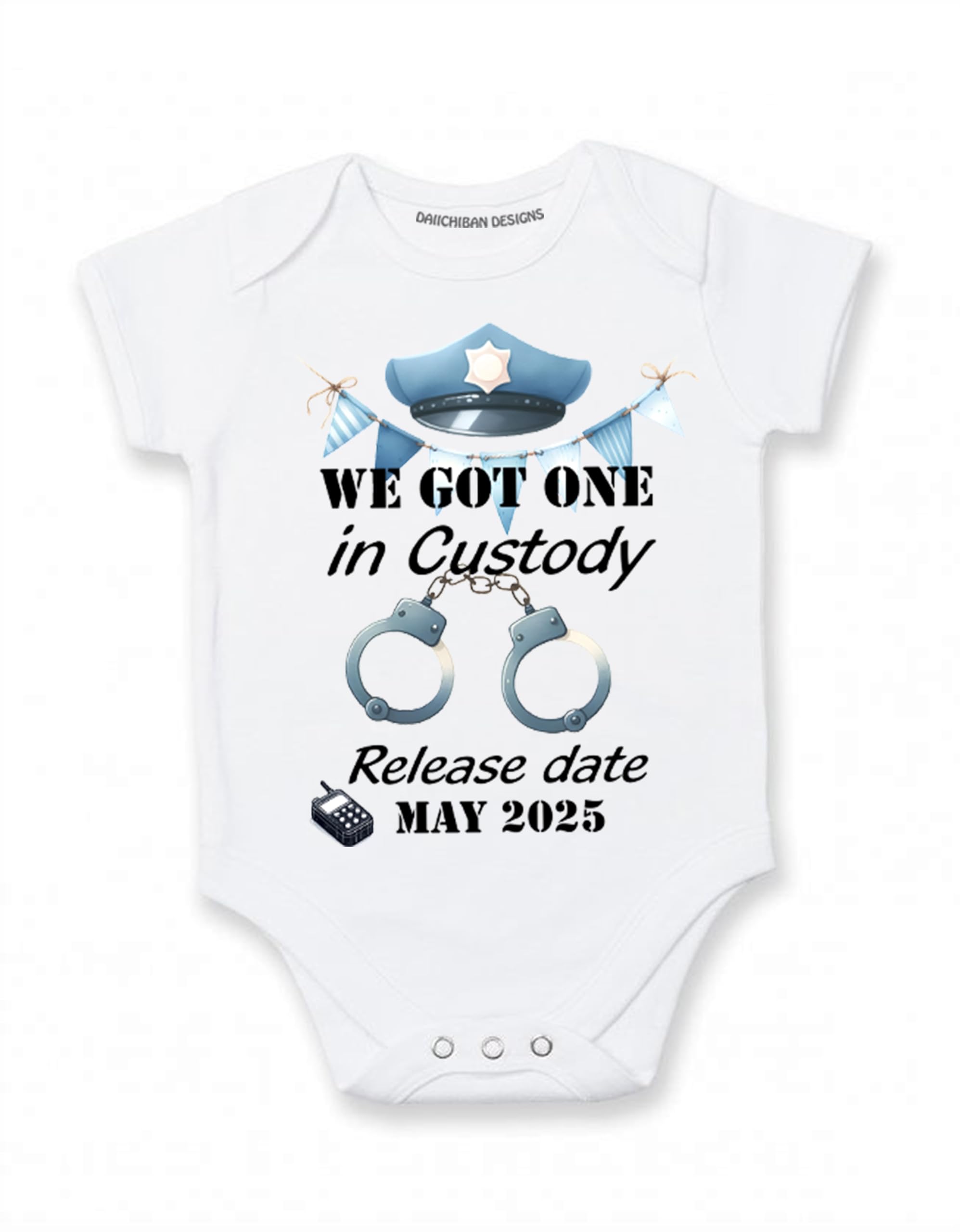 Daiichiban Designs Police Pregnancy Announcement Baby Bodysuit – “We Got One in Custody” with Custom Date