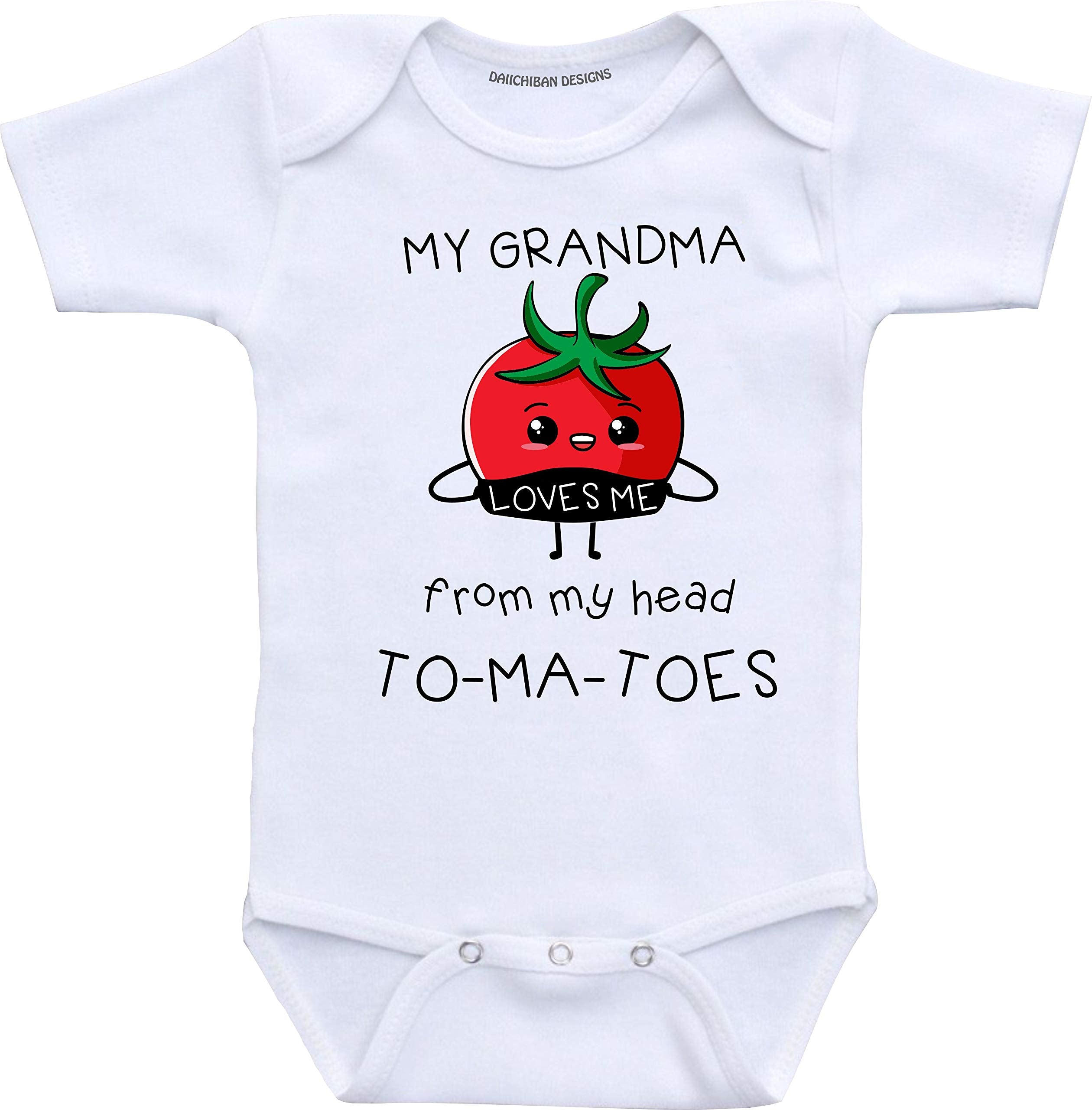 Daiichiban Designs Grandma loves me from my head tomatoes infant bodysuit