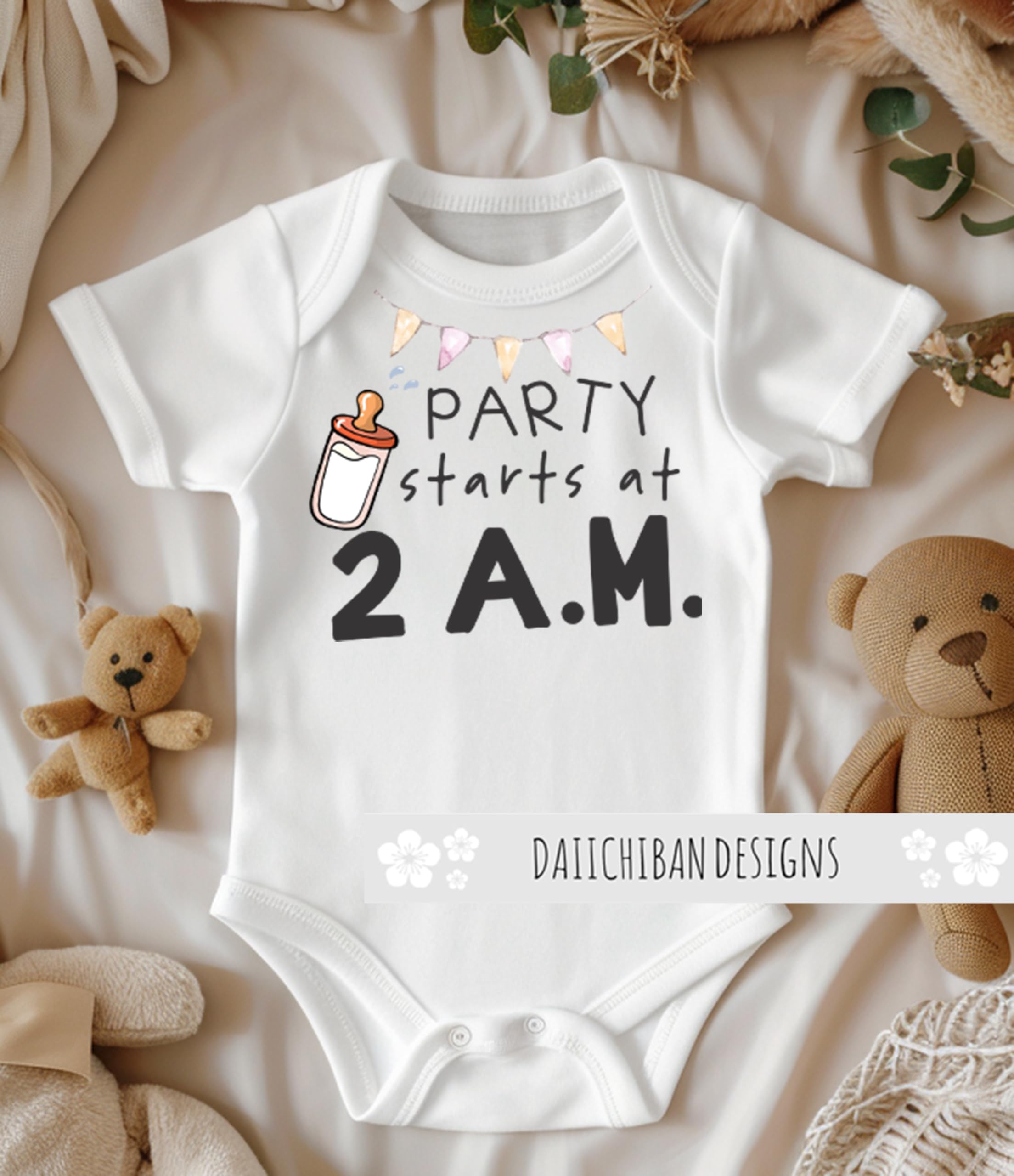 Daiichiban Designs Funny Baby Bodysuit “Party Starts at 2PM” – Cute & Humorous Infant One-Piece