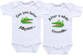 Daiichiban Designs Alligator crocodile twin baby clothes boy and girl matching outfit bodysuits