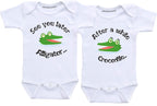 Daiichiban Designs Alligator crocodile twin baby clothes boy and girl matching outfit bodysuits