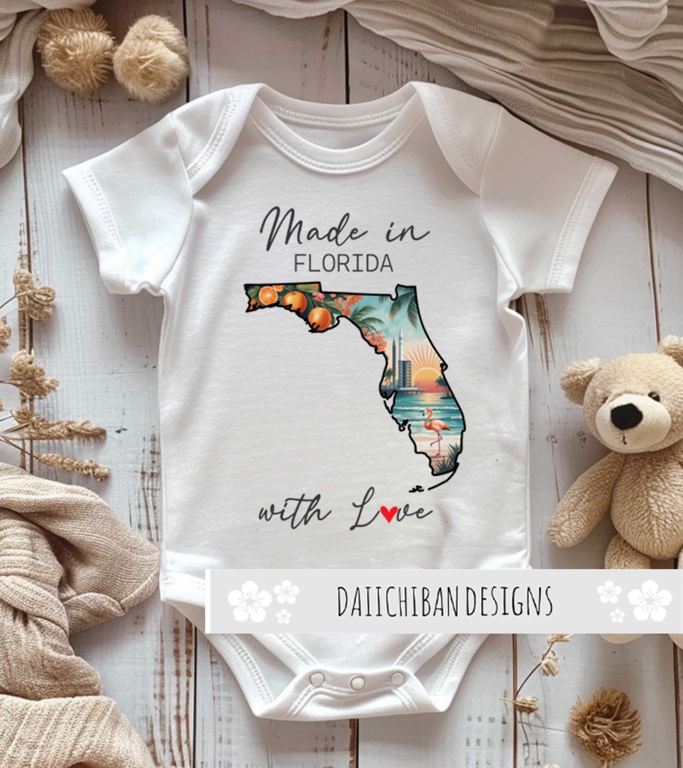 Daiichiban Designs Personalized Baby Bodysuit – “Made in Florida with Love” with Custom State Option