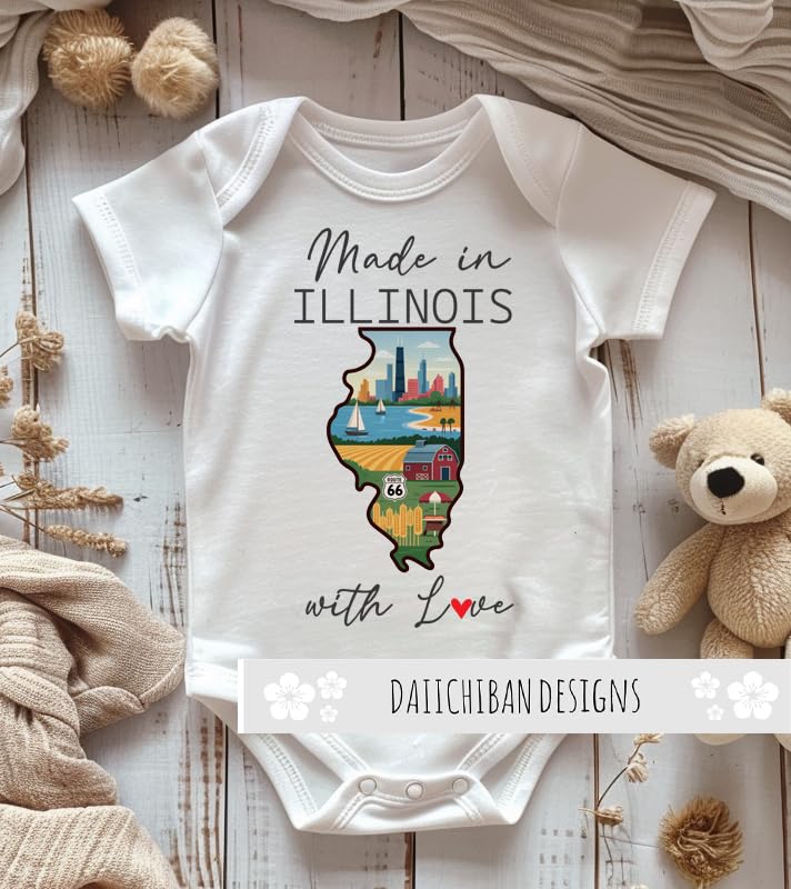 Daiichiban Designs Personalized Baby Bodysuit – “Made in Illinois with Love” with Custom State Option
