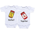 Daiichiban Designs Funny Twin Baby Bodysuit Set – “Perfect Together” Peanut & Jelly Matching Outfit for Twins
