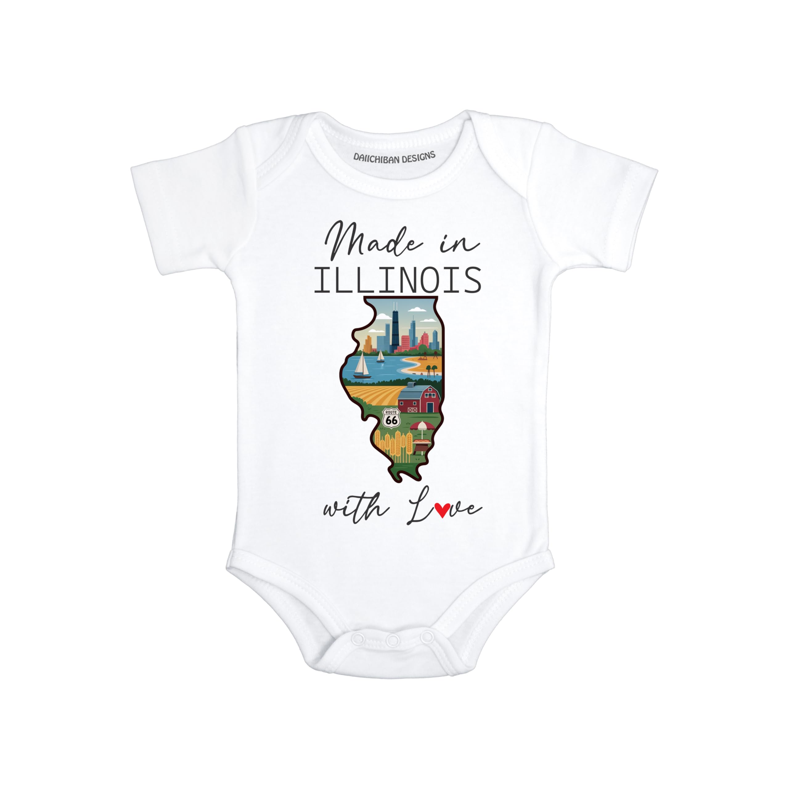 Daiichiban Designs Personalized Baby Bodysuit – “Made in Illinois with Love” with Custom State Option
