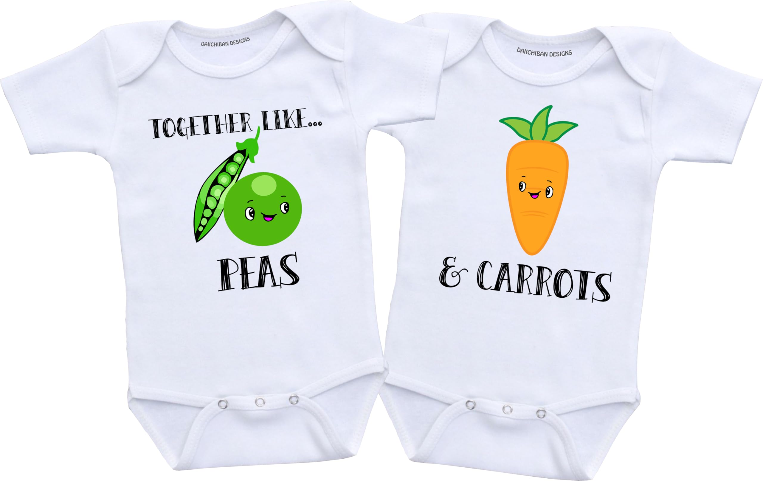 Daiichiban Designs Twin Baby Bodysuit Set – “Together Like Peas and Carrots” – Funny Matching Infant Outfits