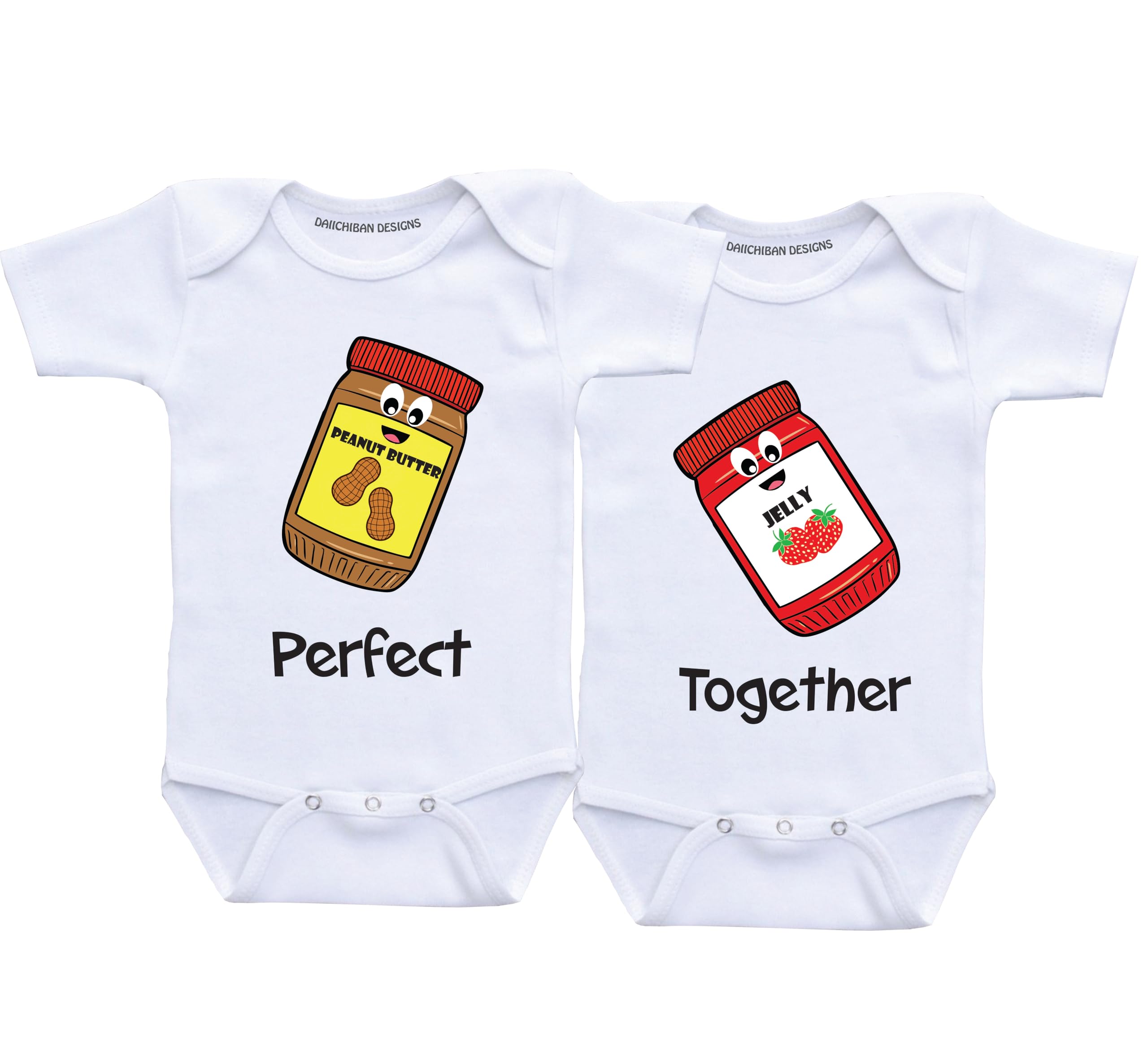 Daiichiban Designs Funny Twin Baby Bodysuit Set – “Perfect Together” Peanut & Jelly Matching Outfit for Twins