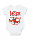 Daiichiban Designs Firefighter Pregnancy Announcement Baby Bodysuit – “Our Rookie Reports for Duty” with Custom Date