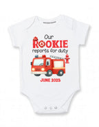 Daiichiban Designs Firefighter Pregnancy Announcement Baby Bodysuit – “Our Rookie Reports for Duty” with Custom Date