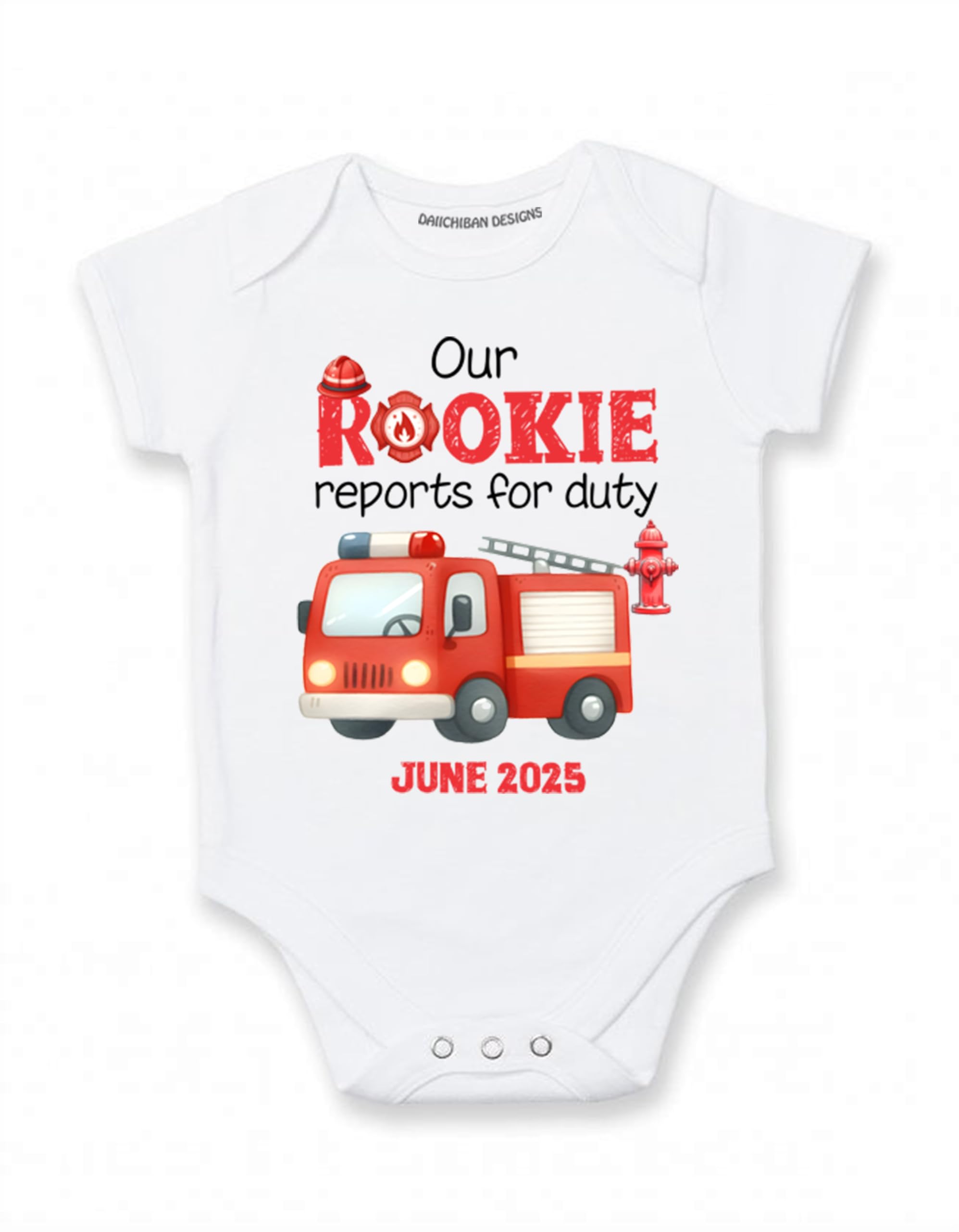 Daiichiban Designs Firefighter Pregnancy Announcement Baby Bodysuit – “Our Rookie Reports for Duty” with Custom Date