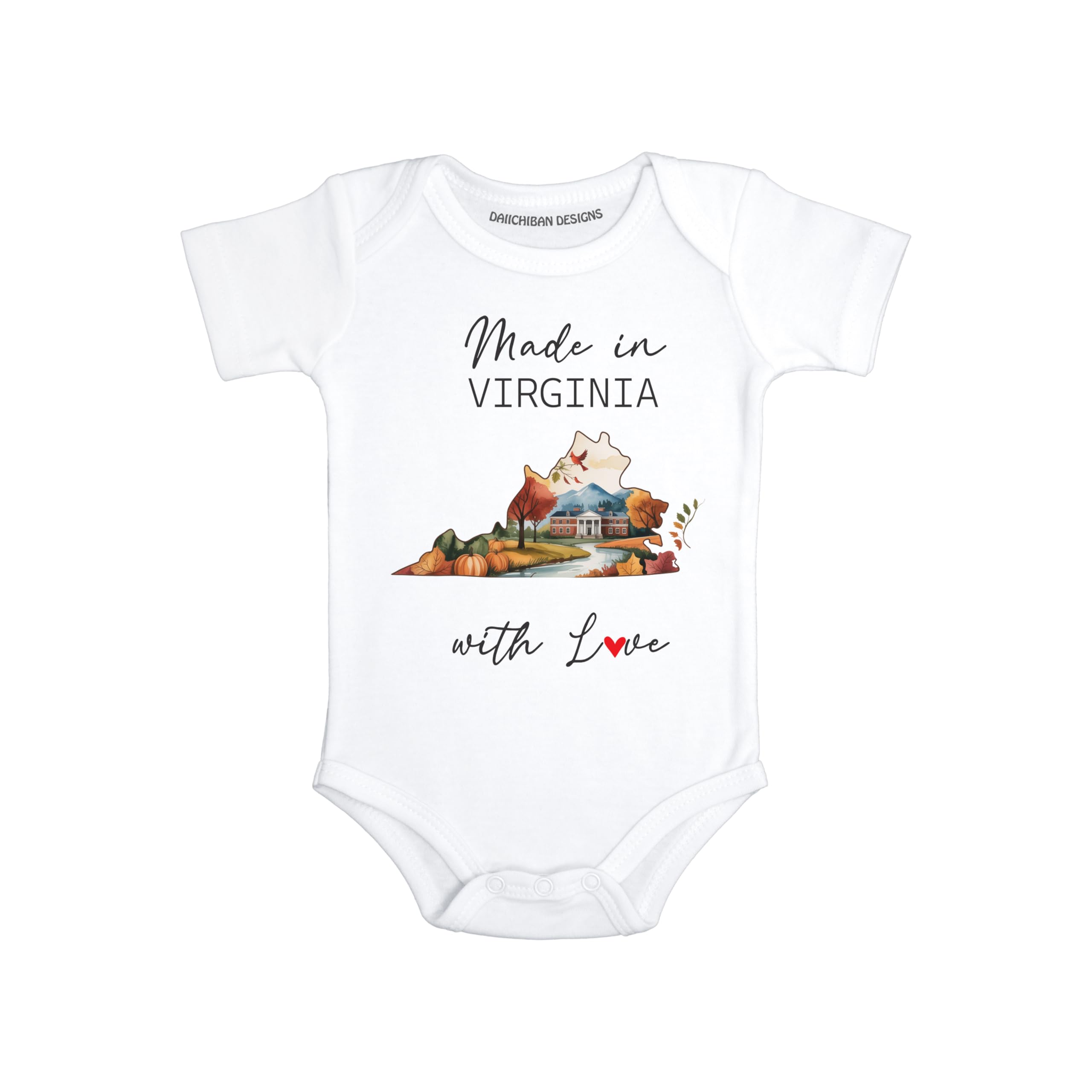 Daiichiban Designs Personalized Baby Bodysuit – “Made in Virginia with Love” with Custom State Option