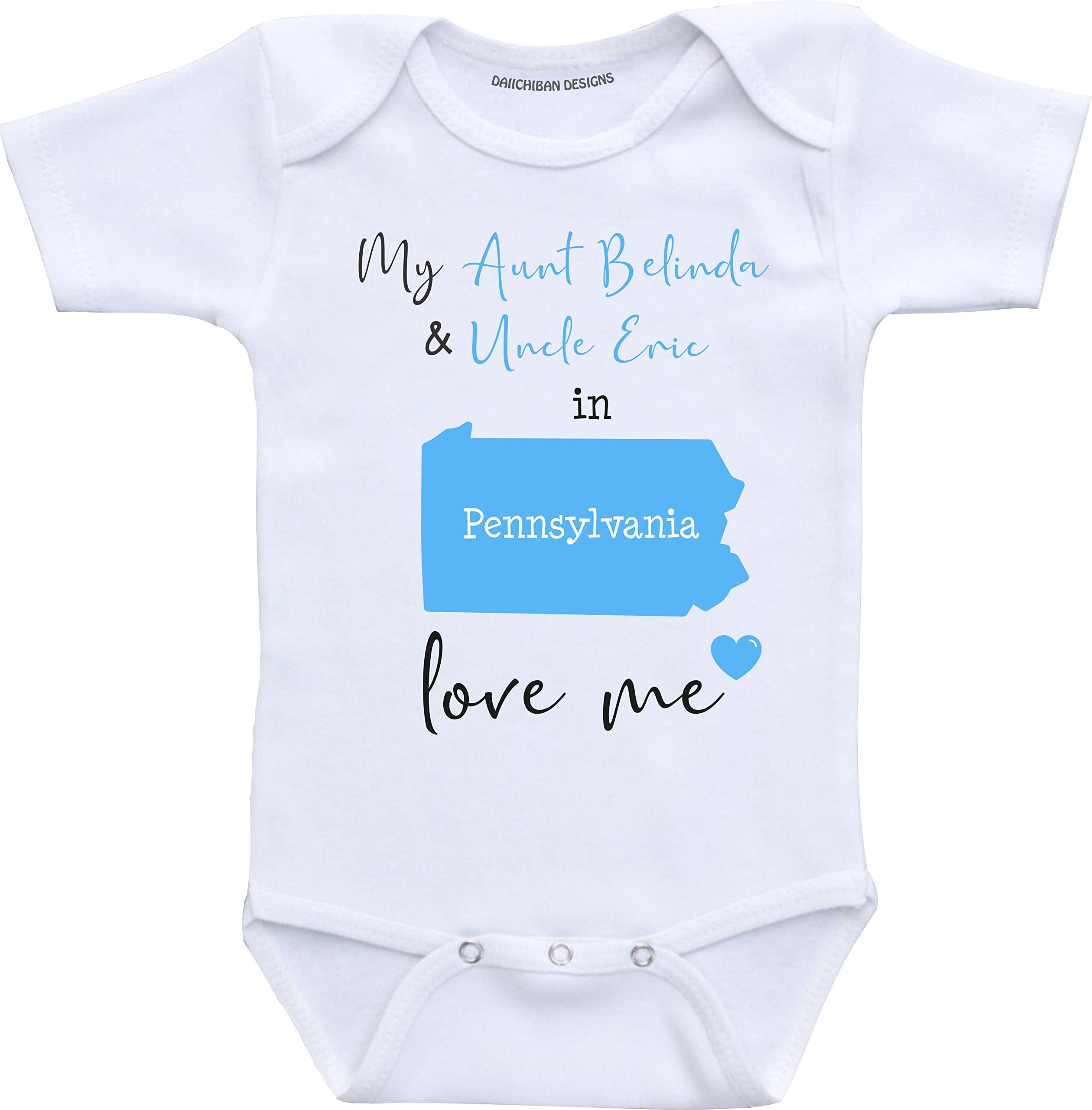 Daiichiban Designs Aunt and Uncle baby gifts Customizable Pennsylvania Dakota baby clothes
