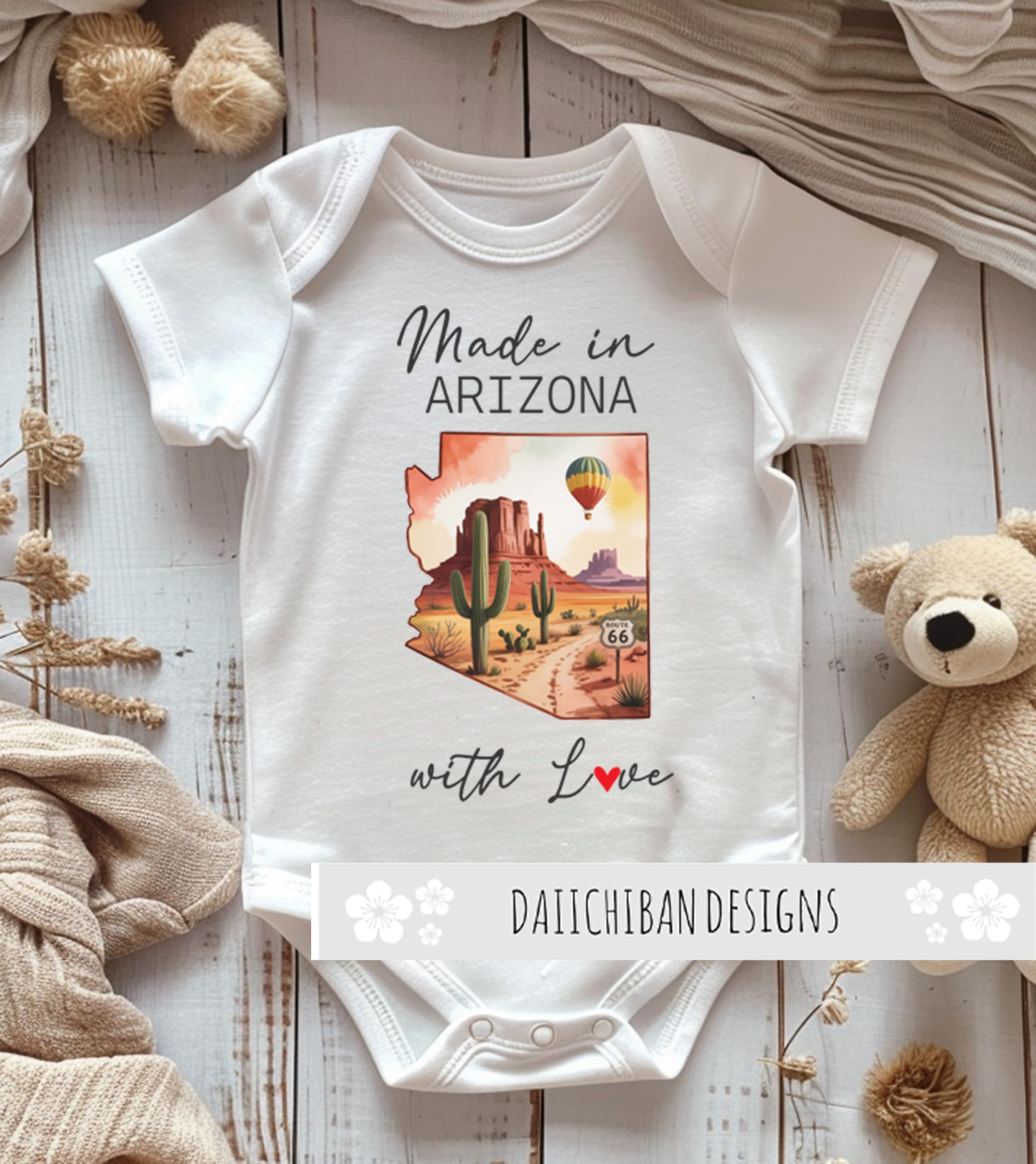 Daiichiban Designs Personalized Baby Bodysuit – “Arizona with Love” with Custom State Option