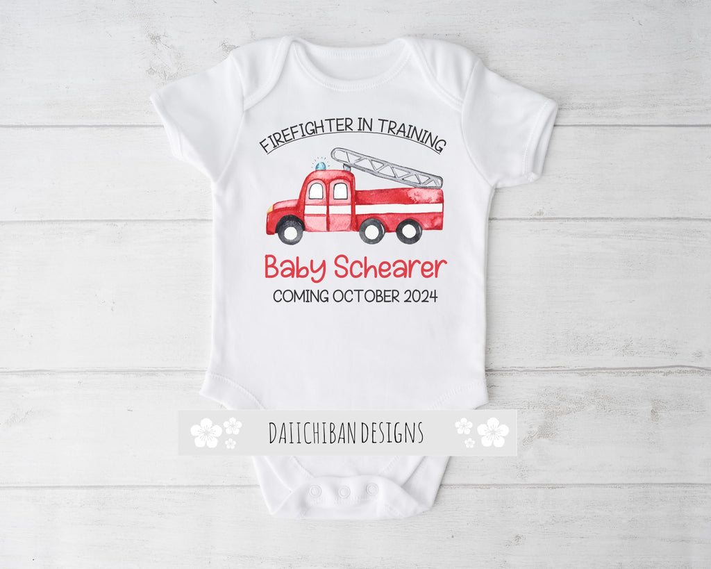 Daiichiban Designs Firefighter Pregnancy Announcement Baby Bodysuit – “Firefighter in Training” Custom Name & Date