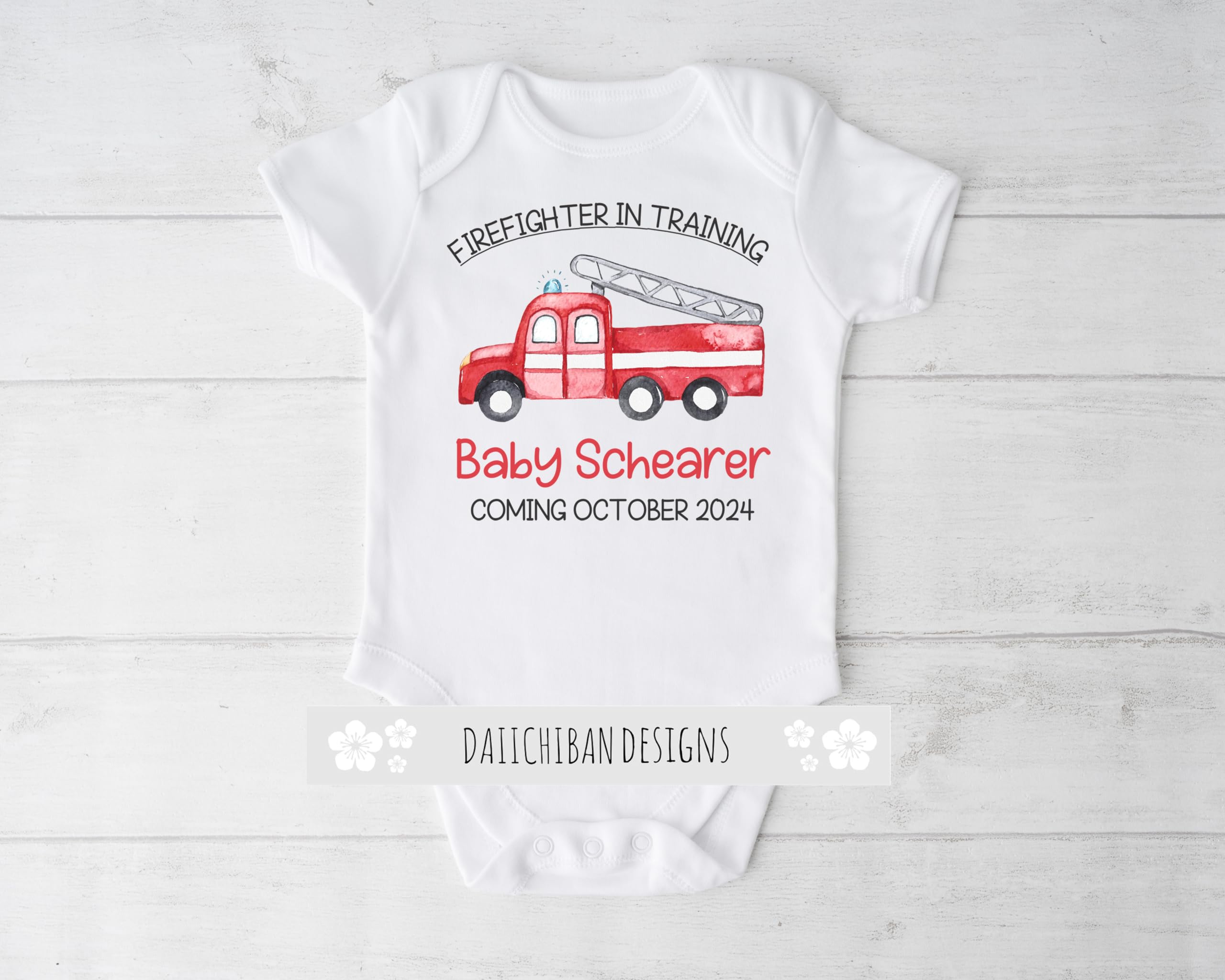 Daiichiban Designs Firefighter Pregnancy Announcement Baby Bodysuit – “Firefighter in Training” Custom Name & Date