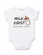 Daiichiban Designs Funny Baby Girl Bodysuit “Milk First Questions Later” – Cute & Humorous Infant One-Piece
