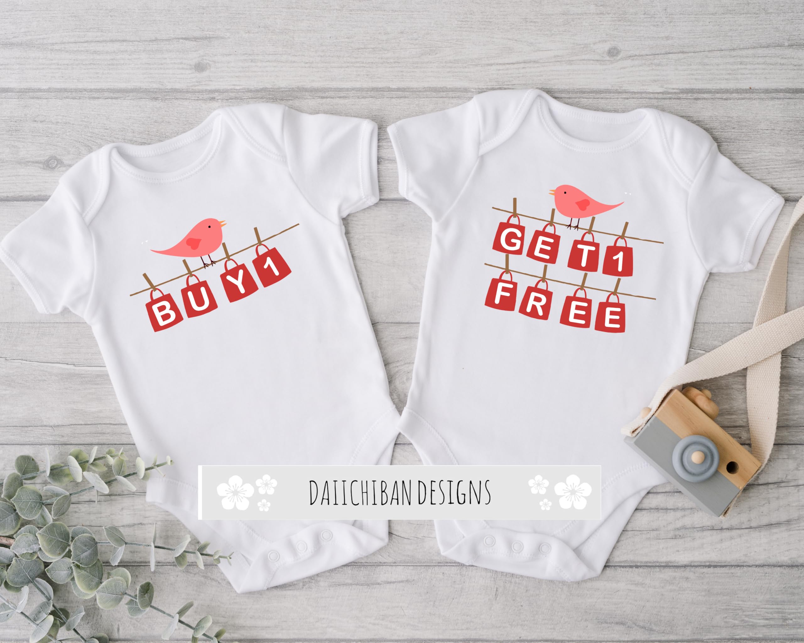 Daiichiban Designs Twin Baby Girl Bodysuit Set – “Buy One, Get One Free” – Funny Matching Infant Outfits for Girls