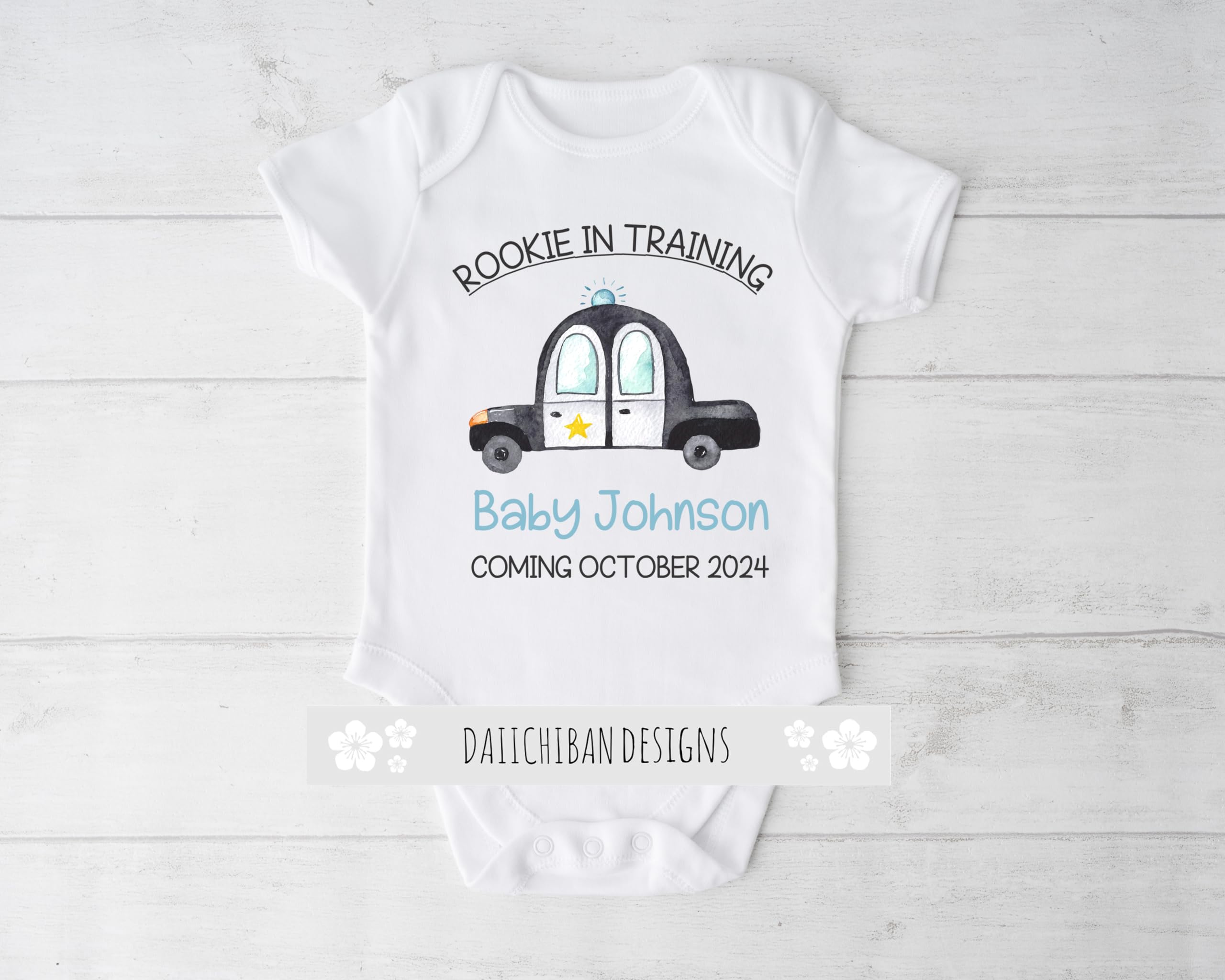 Daiichiban Designs Police Pregnancy Announcement Baby Bodysuit – “Rookie in Training” Custom Name & Date