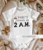 Daiichiban Designs Funny Baby Bodysuit “Party Starts at 2PM” – Cute & Humorous Infant One-Piece