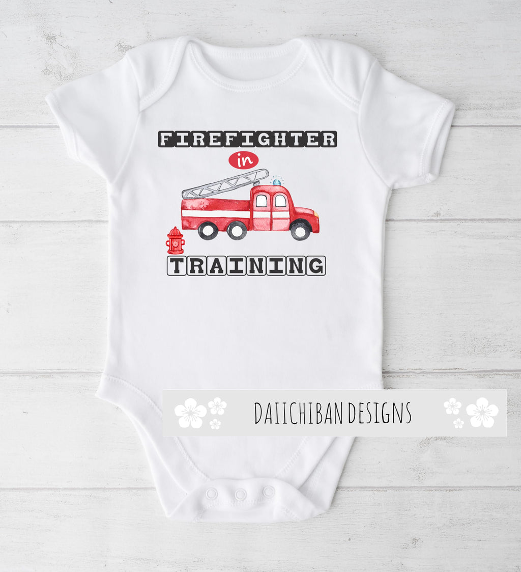 Daiichiban Designs Firefighter Baby Bodysuit – “Firefighter in Training” – Cute Infant One Piece Outfit