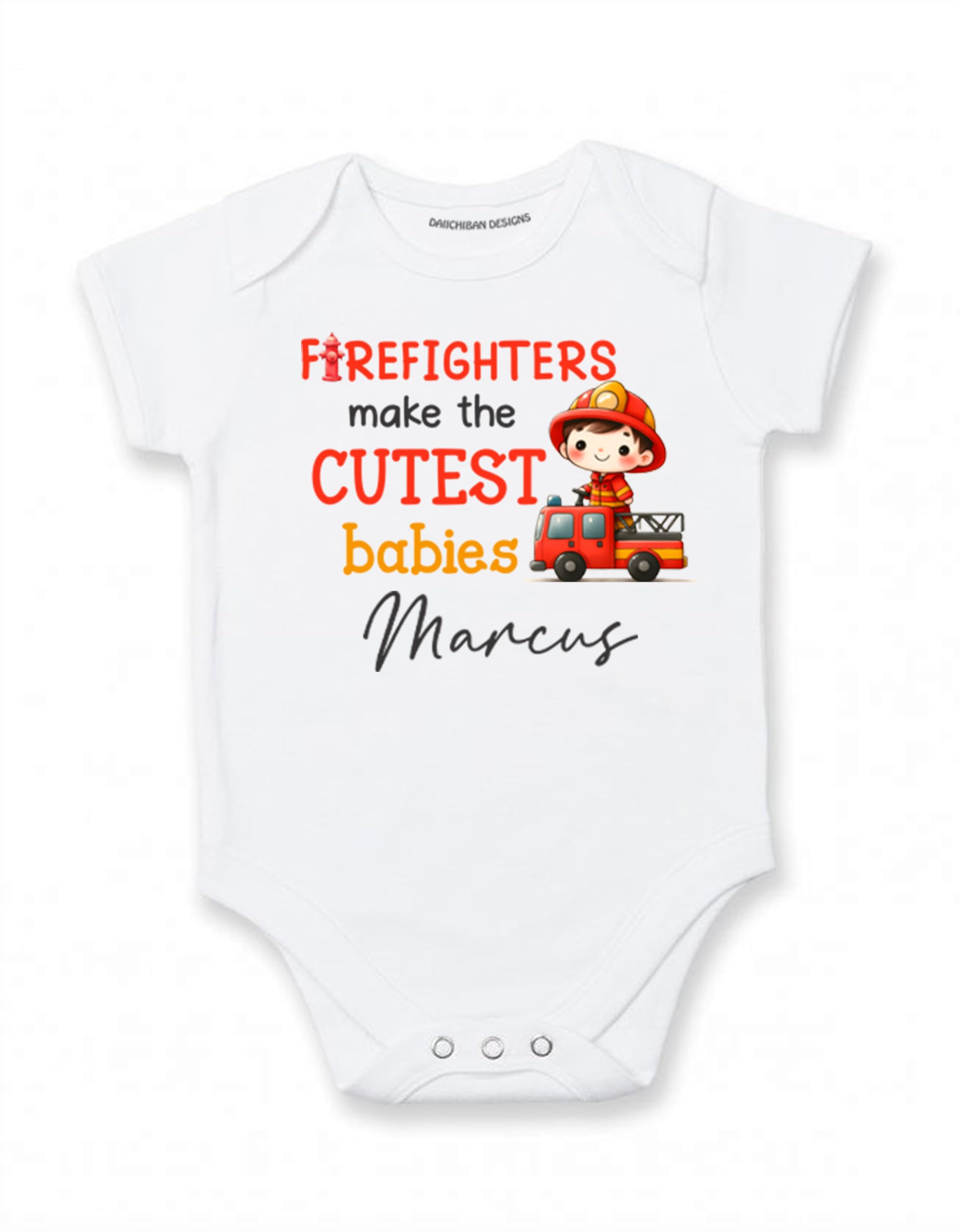 Daiichiban Designs Personalized Firefighter Baby Bodysuit – “Firefighters Make the Cutest Babies” with Custom Name