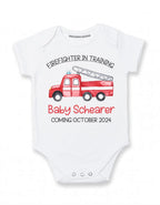 Daiichiban Designs Firefighter Pregnancy Announcement Baby Bodysuit – “Firefighter in Training” Custom Name & Date
