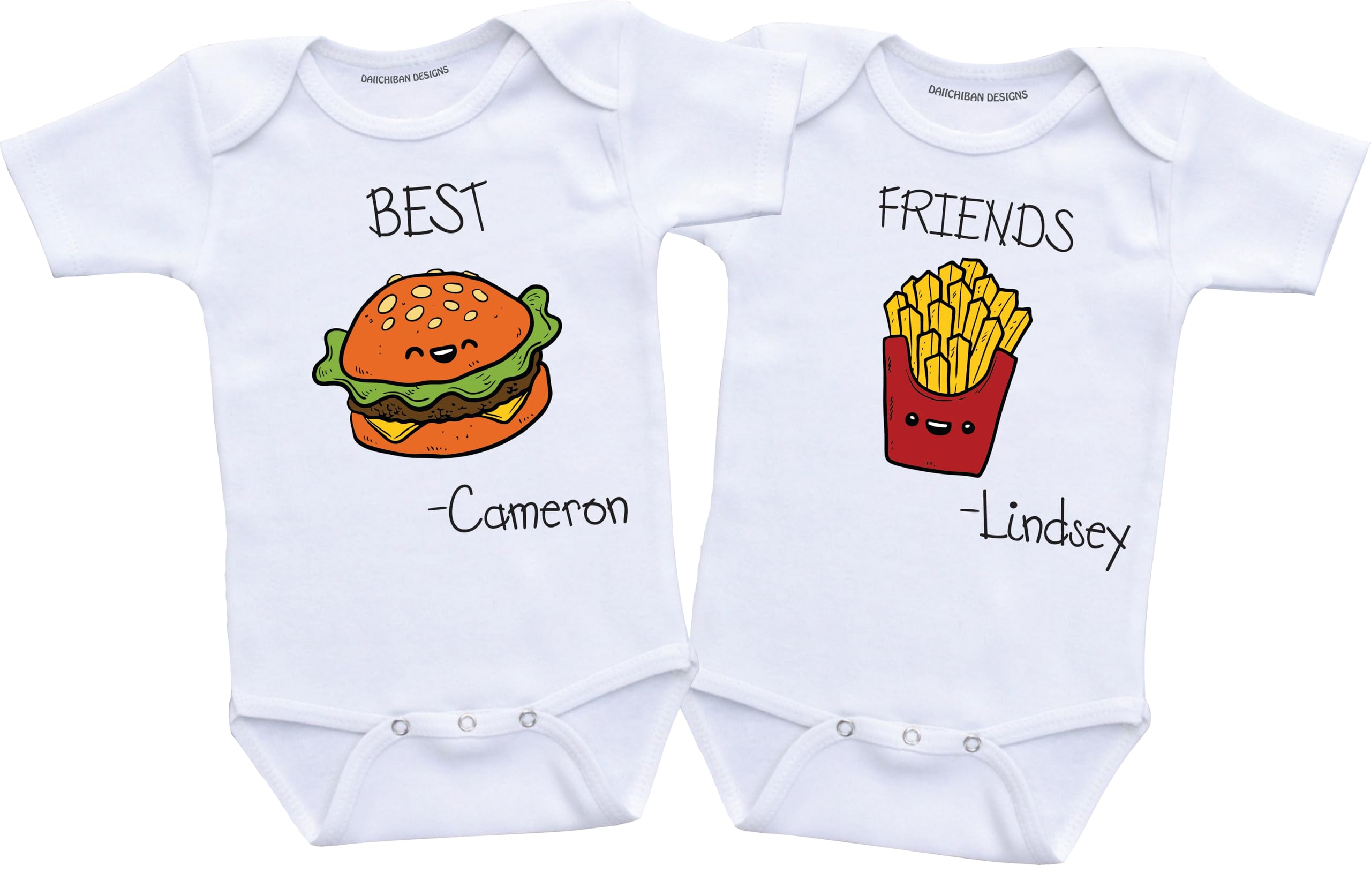 Daiichiban Designs Personalized Twin Baby Bodysuit Set – Burger & Fries Matching Twin Outfit with Custom Name