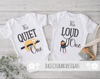 Daiichiban Designs Funny Twin Baby Bodysuit Set – “The Quiet One & The Loud One” Matching Twin Outfits