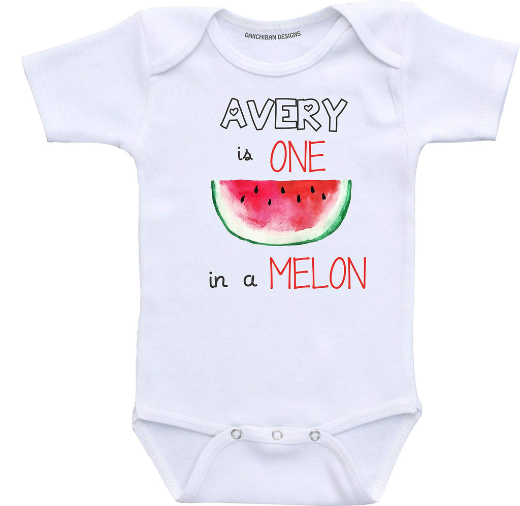 Daiichiban Designs Custom baby gifts one in a melon baby girl boy romper